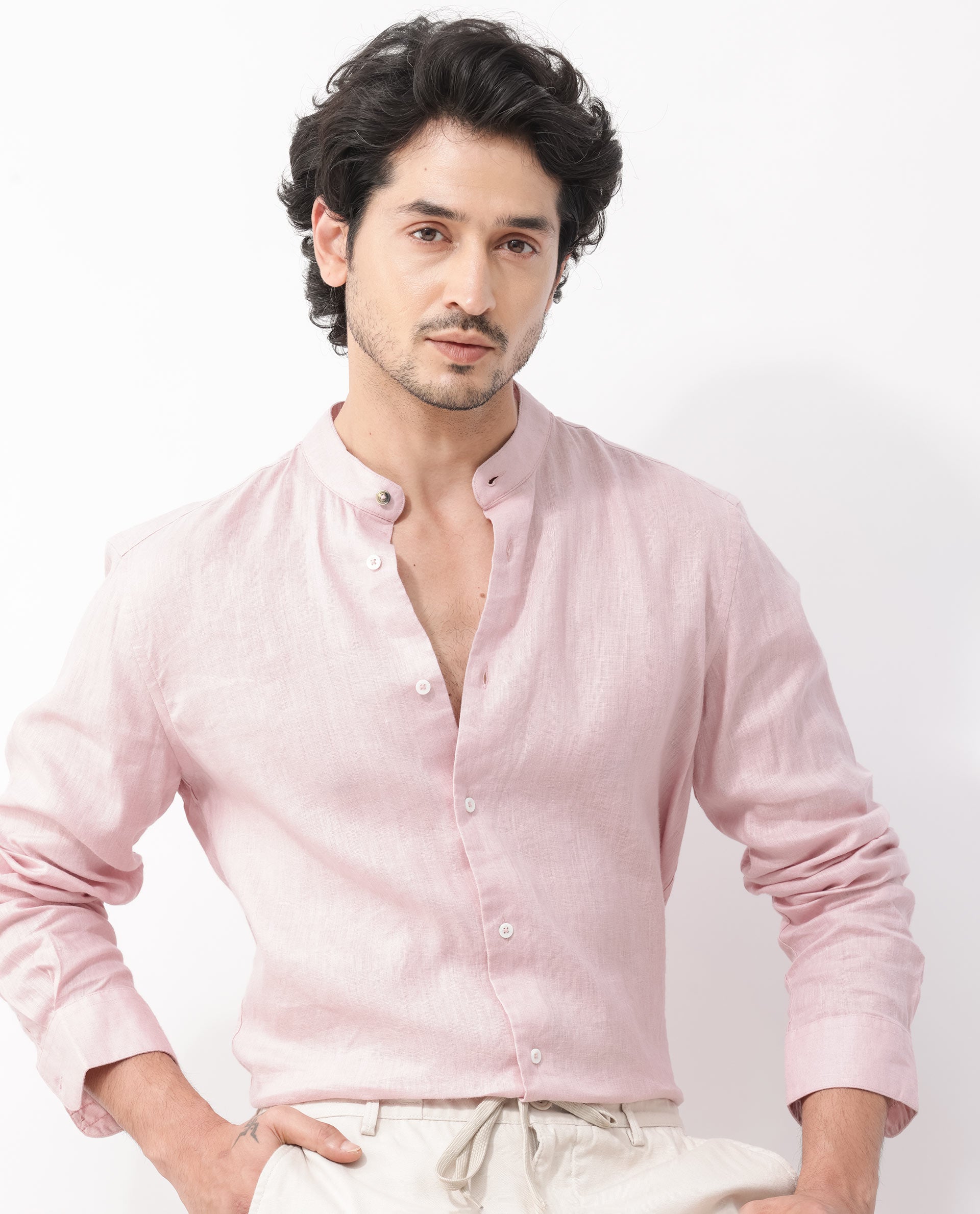 Rare Rabbit Men's Cinex Pastel Pink Full Sleeve Mandarin Collar Solid Linen Shirt