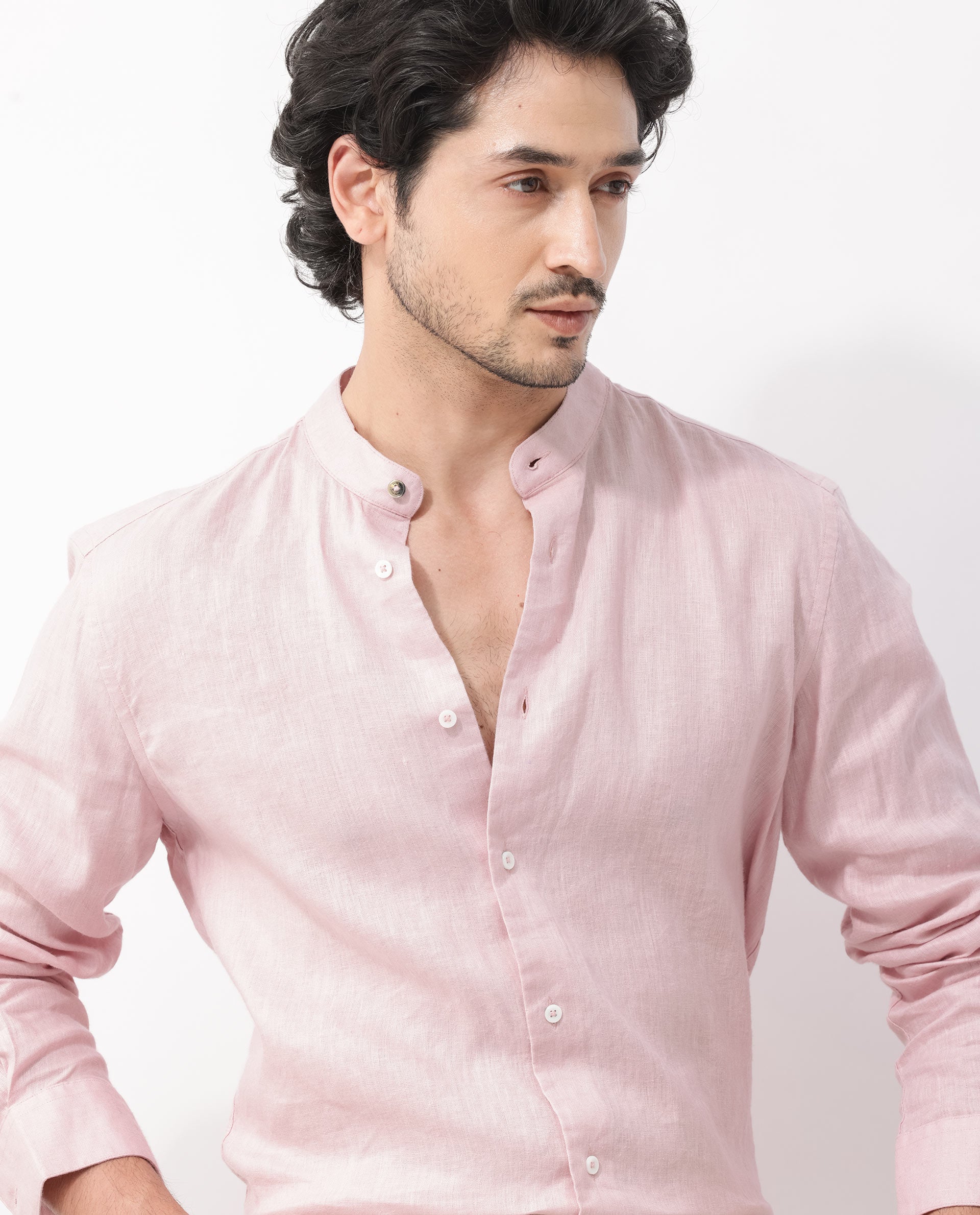 Rare Rabbit Men's Cinex Pastel Pink Full Sleeve Mandarin Collar Solid Linen Shirt