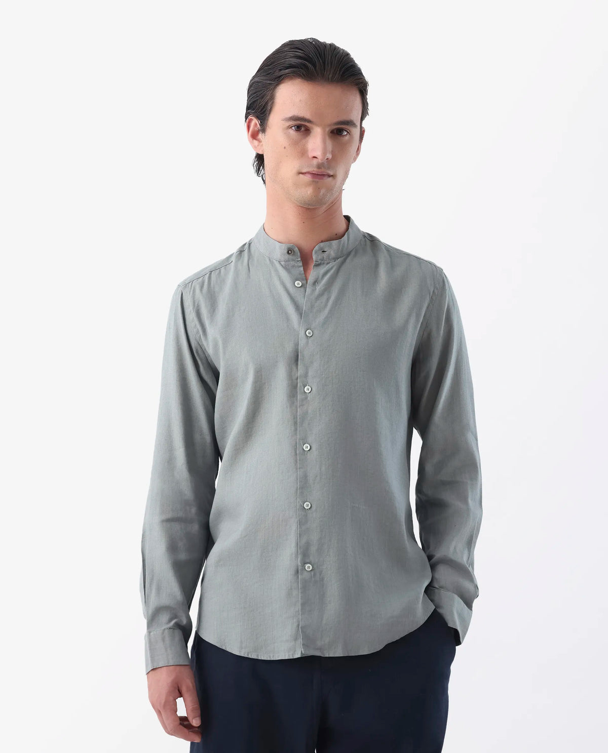 Rare Rabbit Men's Cinex Dusky Green Linen Blend Plain Regular Fit Full Sleeve Mandarin Collar Shirt