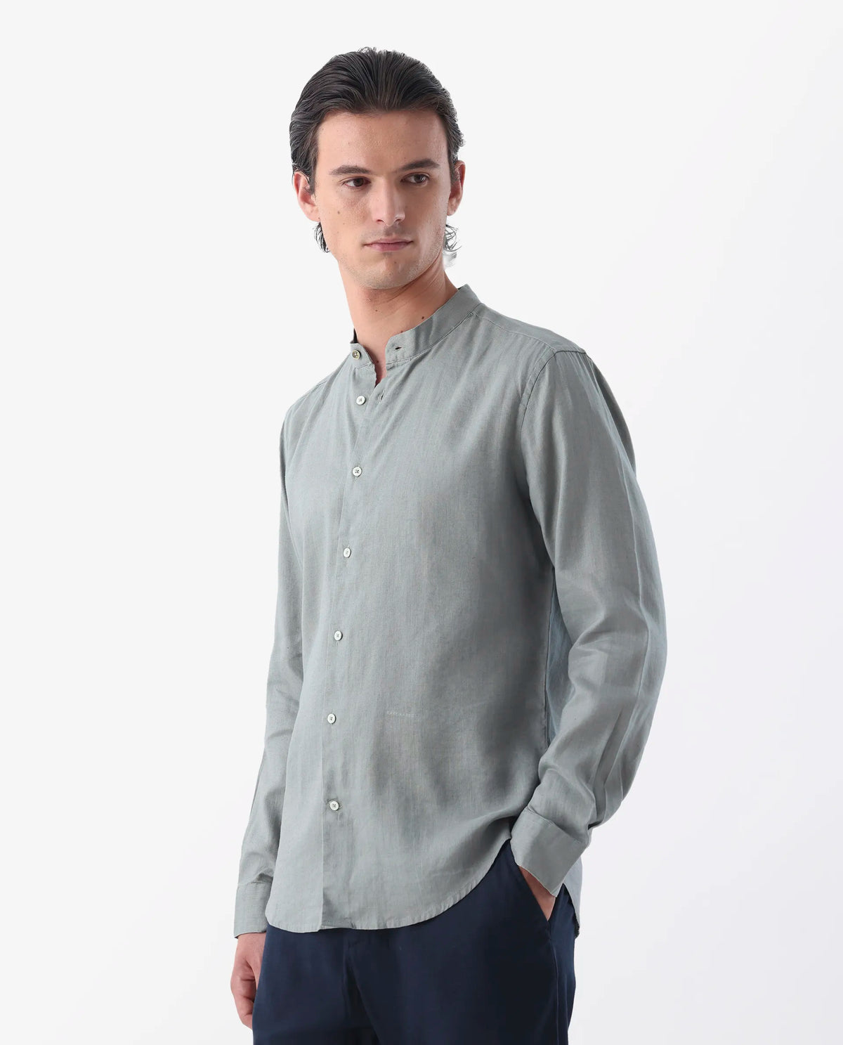 Rare Rabbit Men's Cinex Dusky Green Linen Blend Plain Regular Fit Full Sleeve Mandarin Collar Shirt