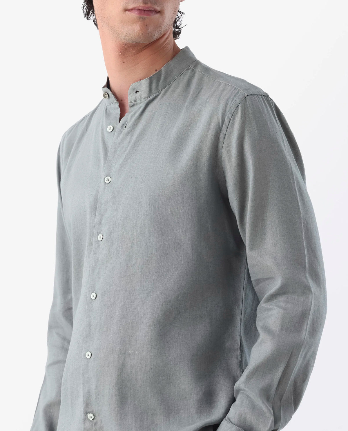 Rare Rabbit Men's Cinex Dusky Green Linen Blend Plain Regular Fit Full Sleeve Mandarin Collar Shirt