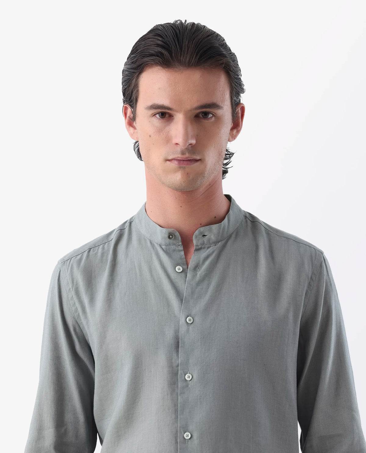 Rare Rabbit Men's Cinex Dusky Green Linen Blend Plain Regular Fit Full Sleeve Mandarin Collar Shirt
