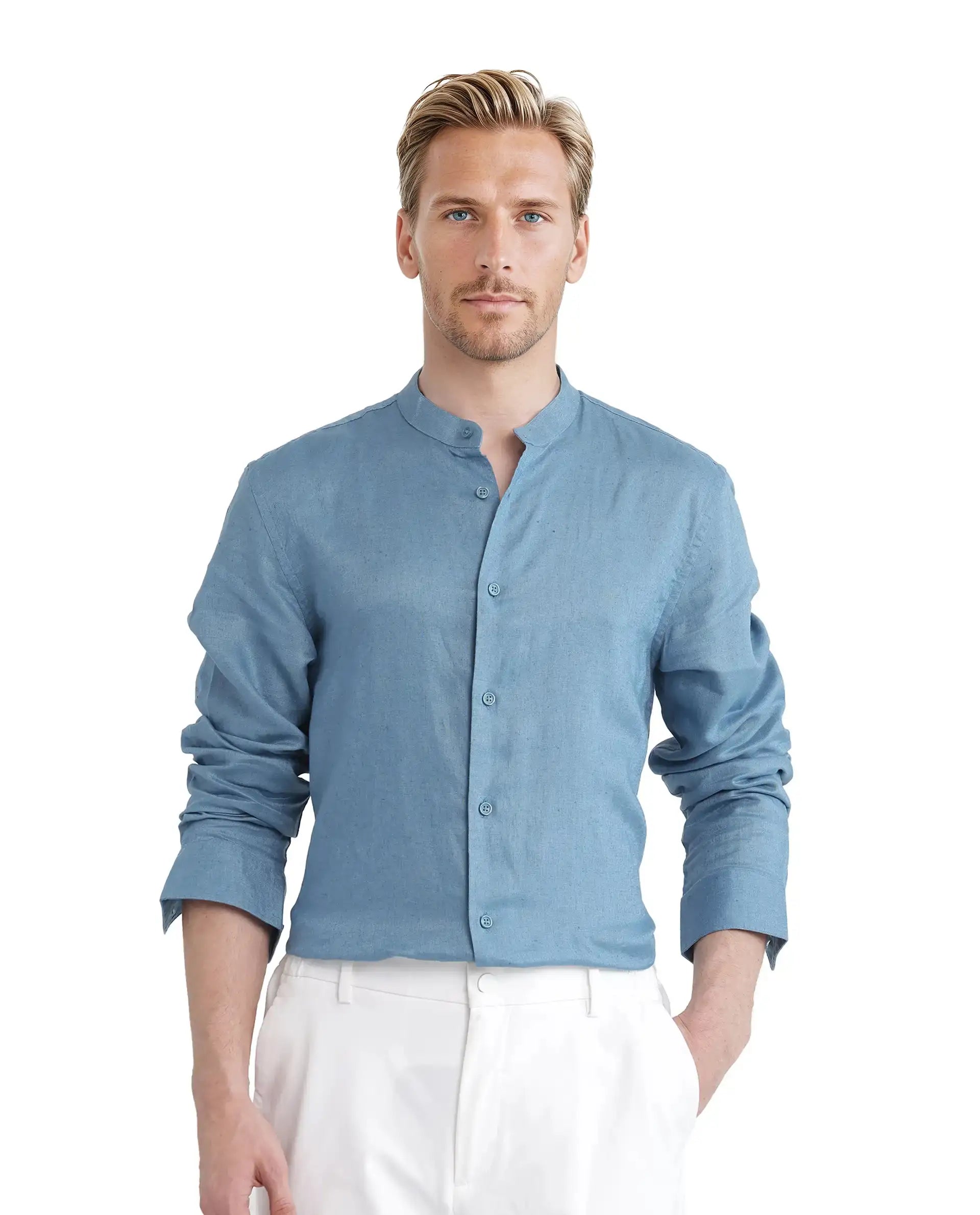 Rare Rabbit Men's Cinex Ls-25 Blue Linen Blend Plain Regular Fit Full Sleeve Mandarin Collar Shirt