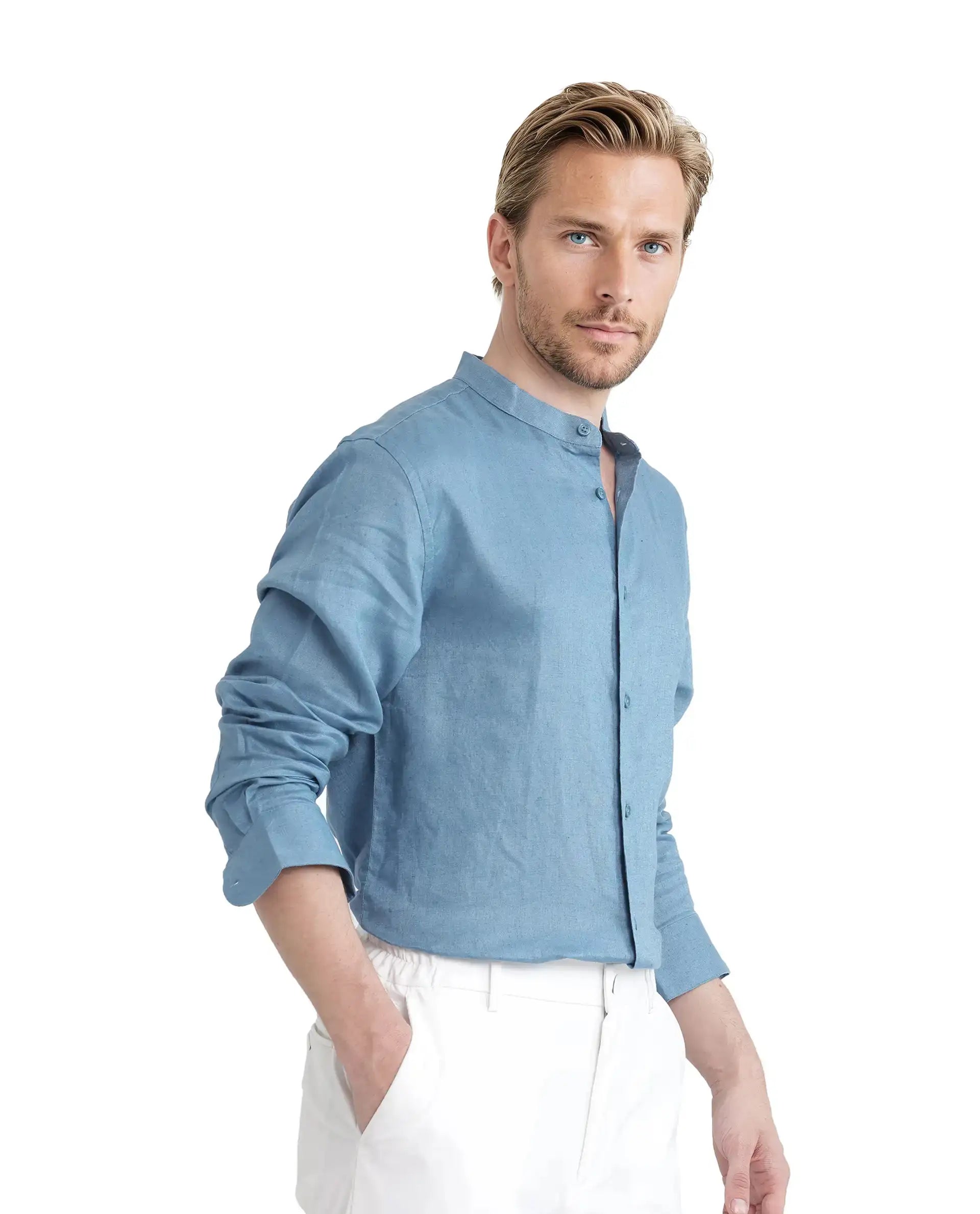 Rare Rabbit Men's Cinex Ls-25 Blue Linen Blend Plain Regular Fit Full Sleeve Mandarin Collar Shirt