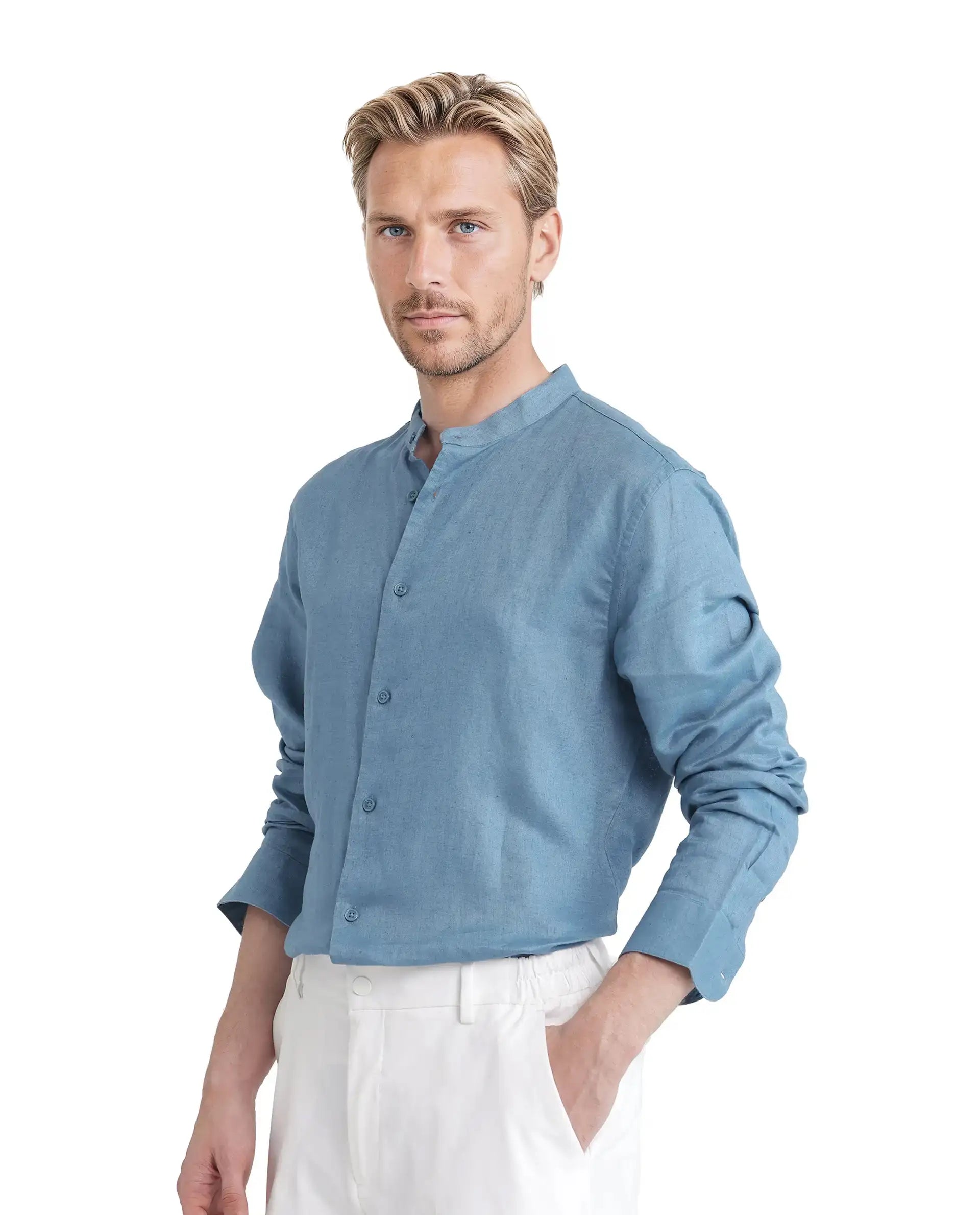 Rare Rabbit Men's Cinex Ls-25 Blue Linen Blend Plain Regular Fit Full Sleeve Mandarin Collar Shirt