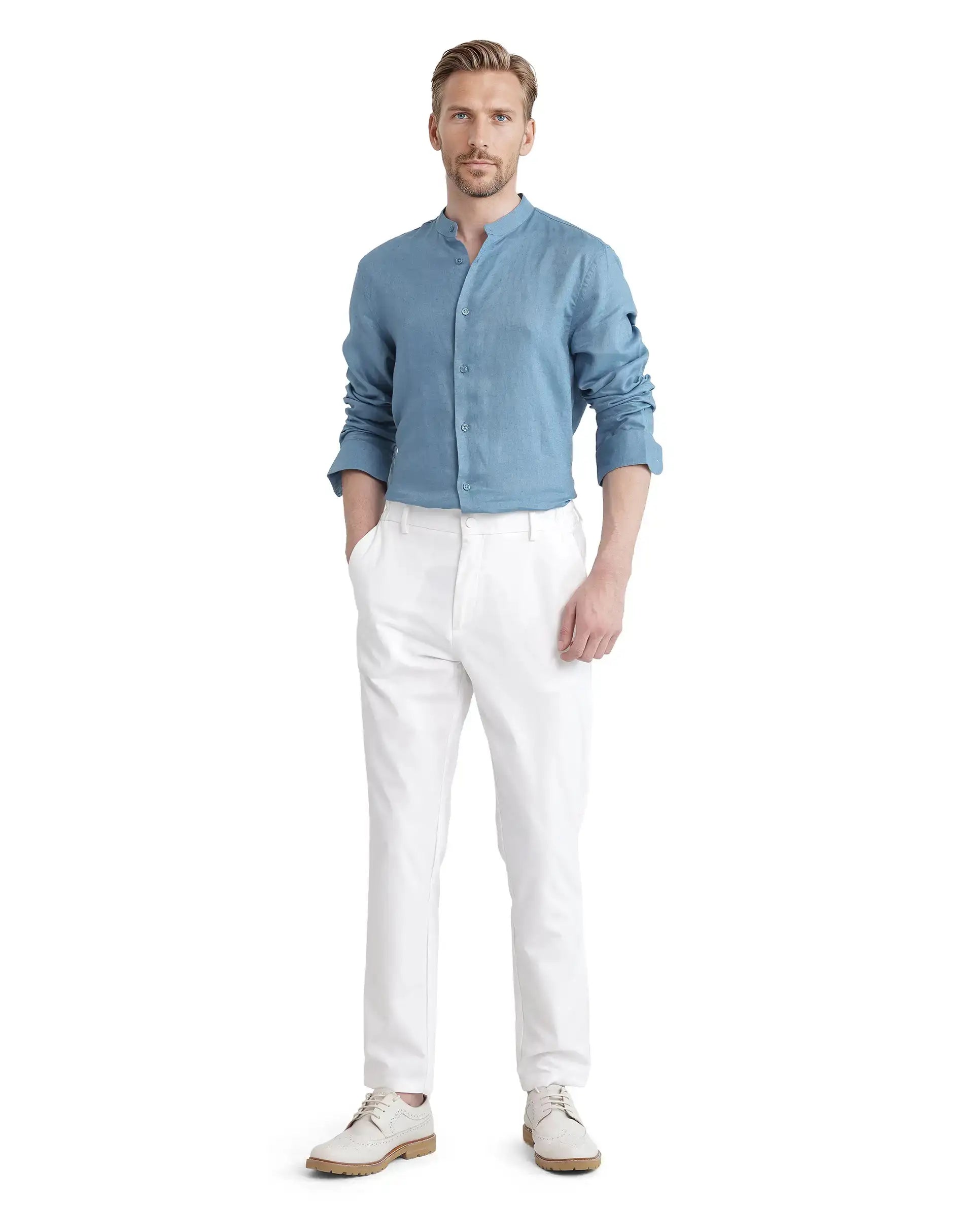 Rare Rabbit Men's Cinex Ls-25 Blue Linen Blend Plain Regular Fit Full Sleeve Mandarin Collar Shirt