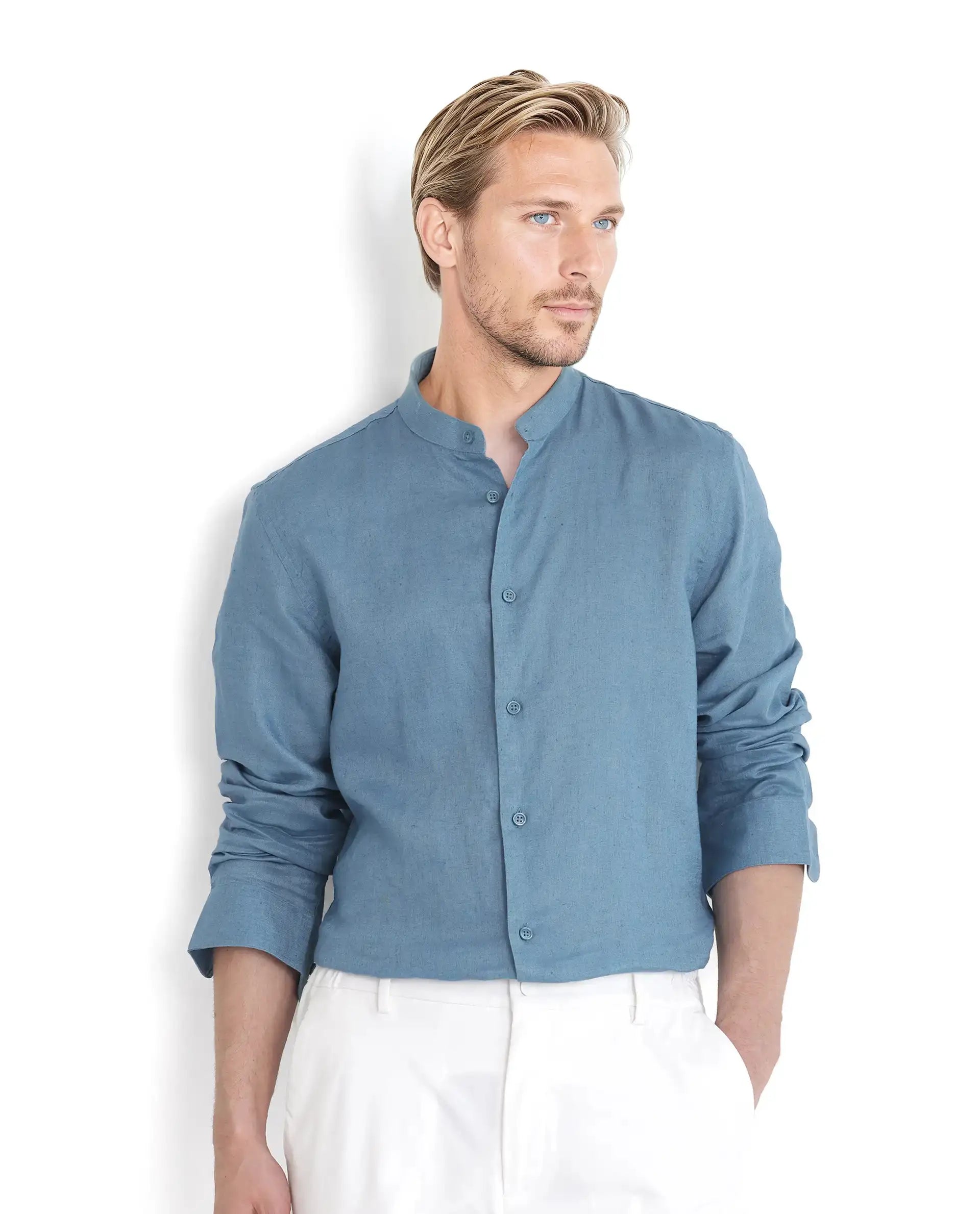 Rare Rabbit Men's Cinex Ls-25 Blue Linen Blend Plain Regular Fit Full Sleeve Mandarin Collar Shirt