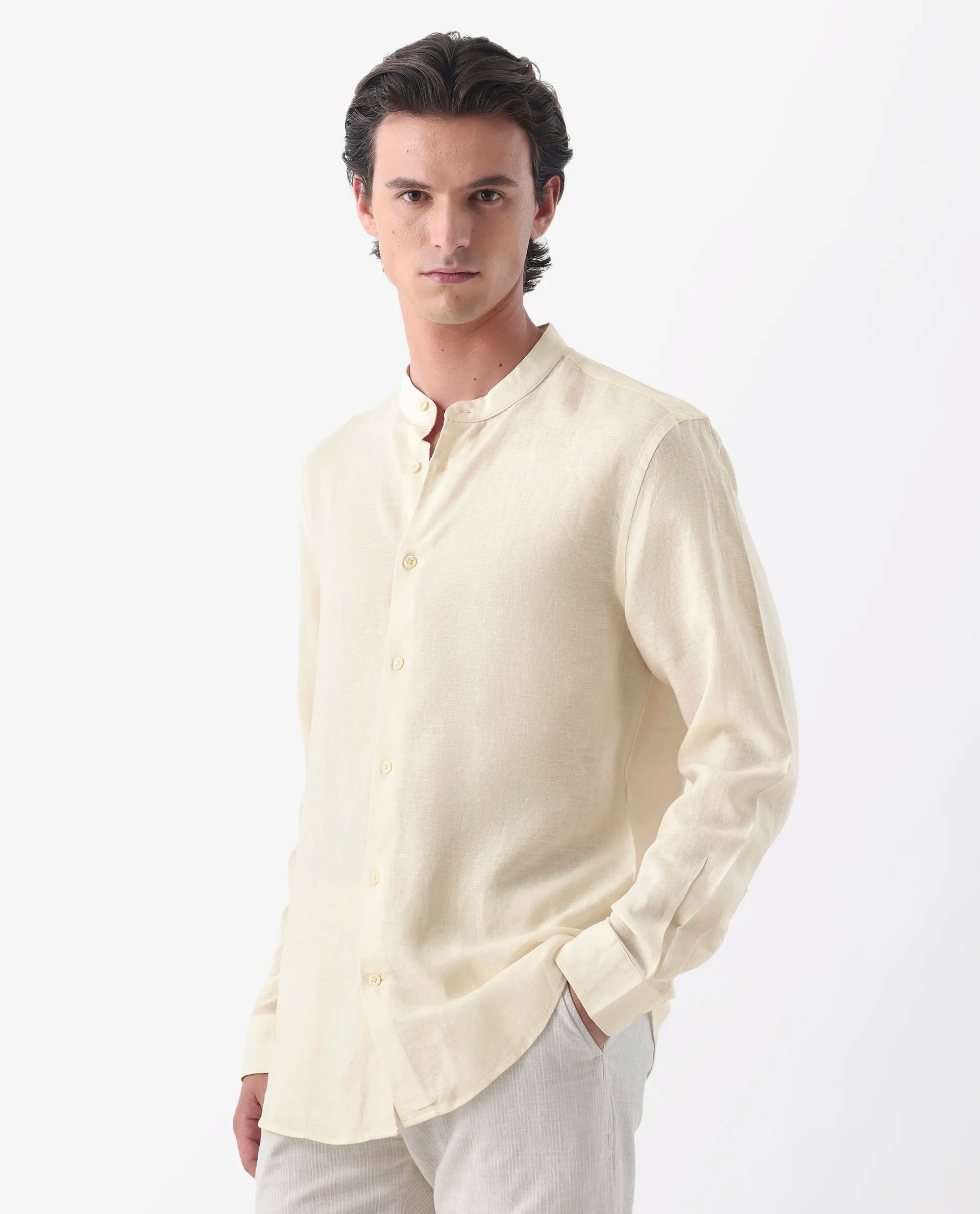 Rare Rabbit Men's Cinex Ls-25 Off White Linen Blend Plain Regular Fit Full Sleeve Mandarin Collar Shirt