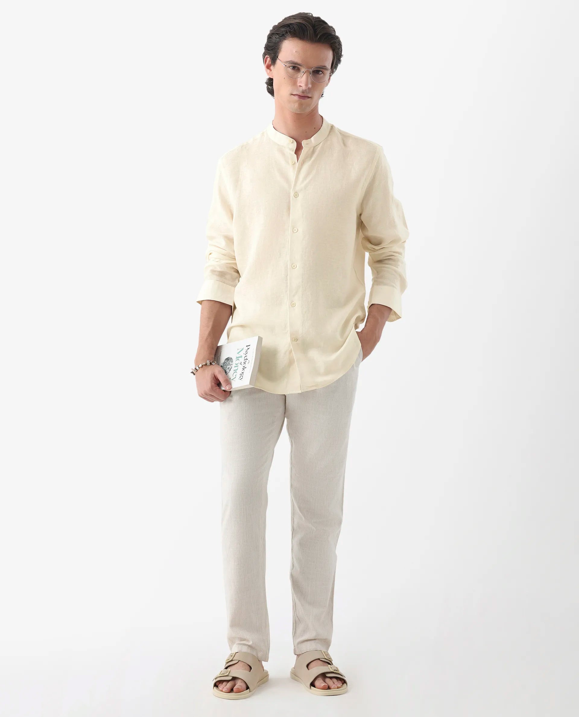 Rare Rabbit Men's Cinex Ls-25 Off White Linen Blend Plain Regular Fit Full Sleeve Mandarin Collar Shirt