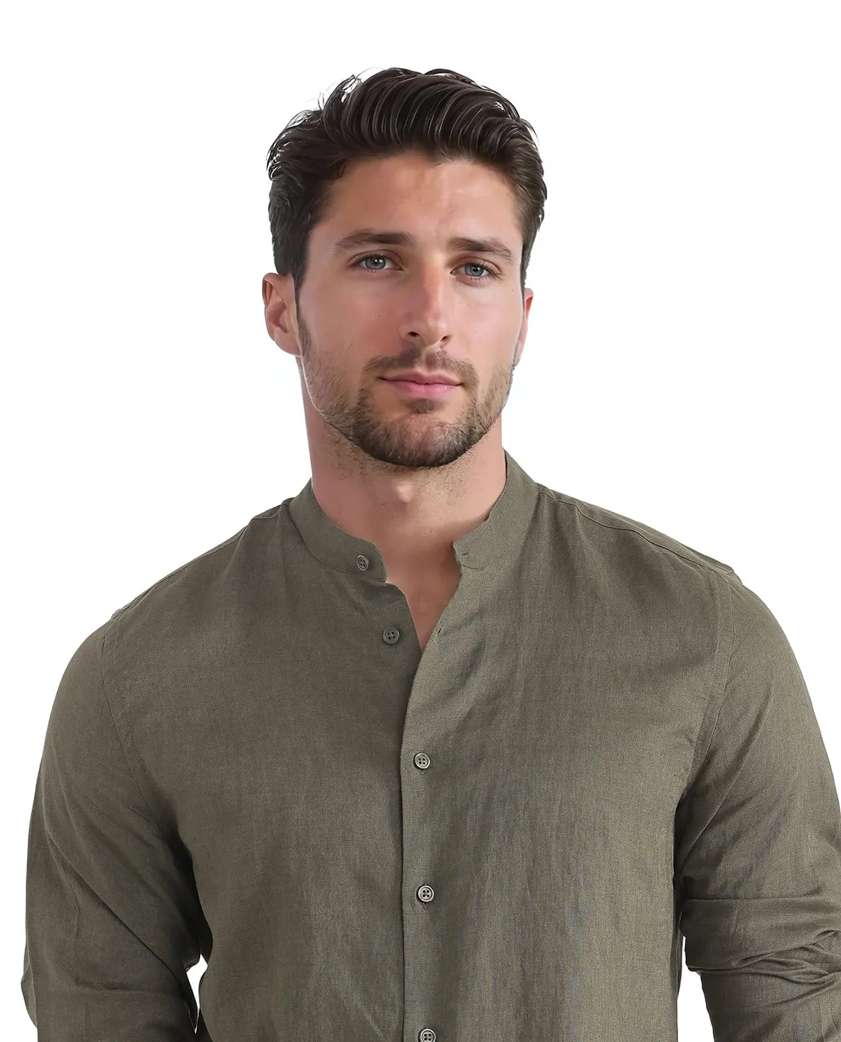 Rare Rabbit Men Cinex Ls-25 Olive Linen Blend Fabric Full Sleeve Mandarin Collar Button Closure Regular Fit Plain Shirt