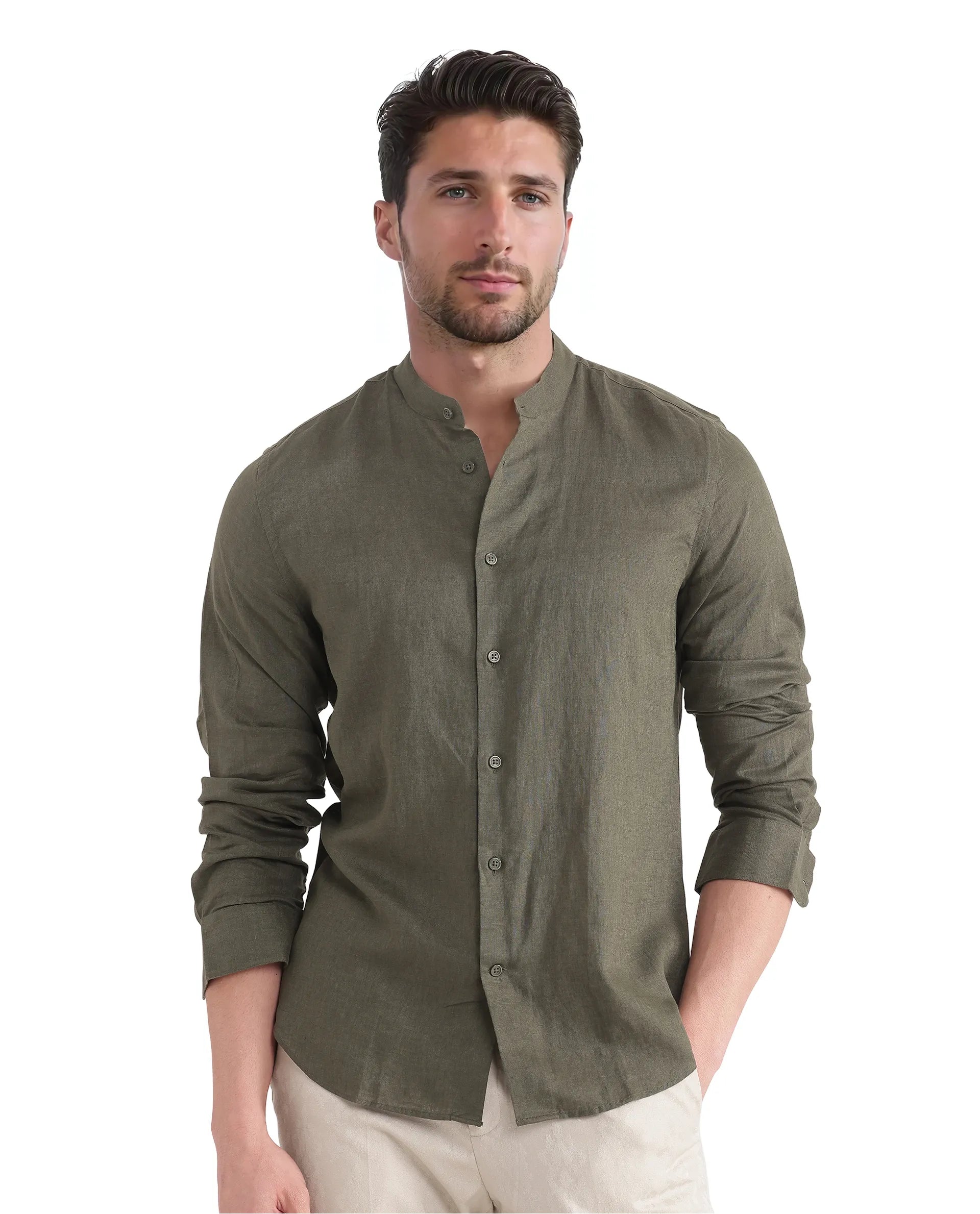 Rare Rabbit Men Cinex Ls-25 Olive Linen Blend Fabric Full Sleeve Mandarin Collar Button Closure Regular Fit Plain Shirt