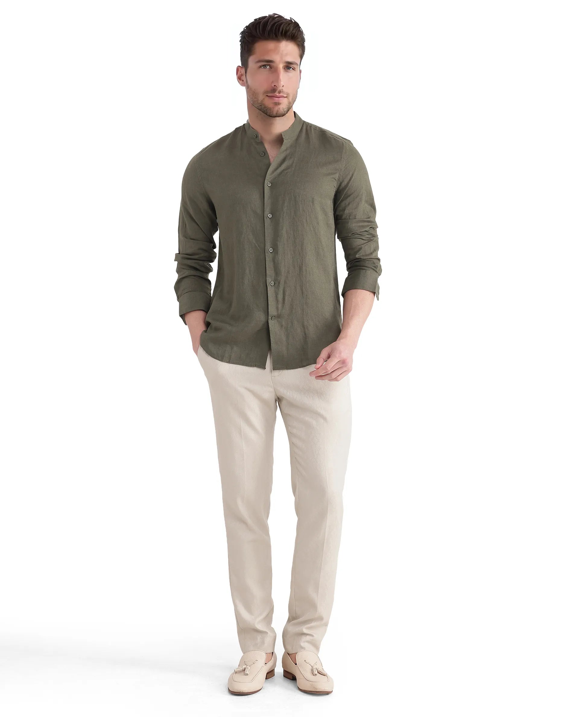 Rare Rabbit Men Cinex Ls-25 Olive Linen Blend Fabric Full Sleeve Mandarin Collar Button Closure Regular Fit Plain Shirt