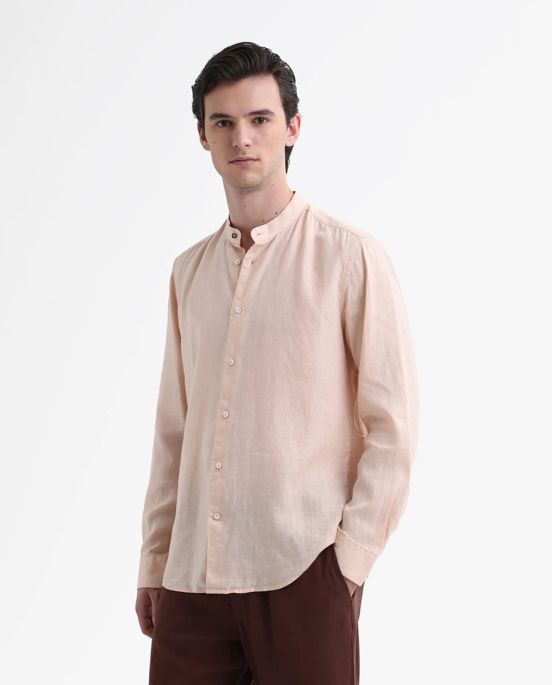 Rare Rabbit Men's Cinex Pastel Peach Linen Blend Plain Regular Fit Full Sleeve Mandarin Collar Shirt