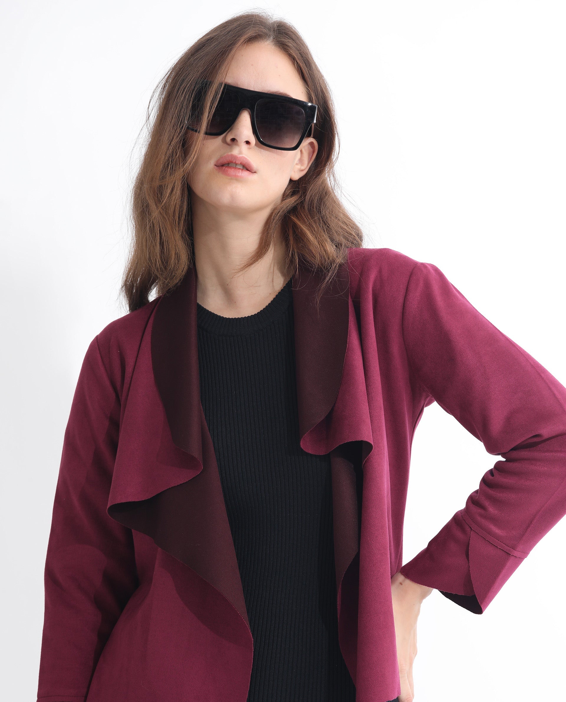 Rareism Women Cinnamon Pink Polyester Fabric Full Sleeves Cowl Neck Relaxed Fit Plain Jacket