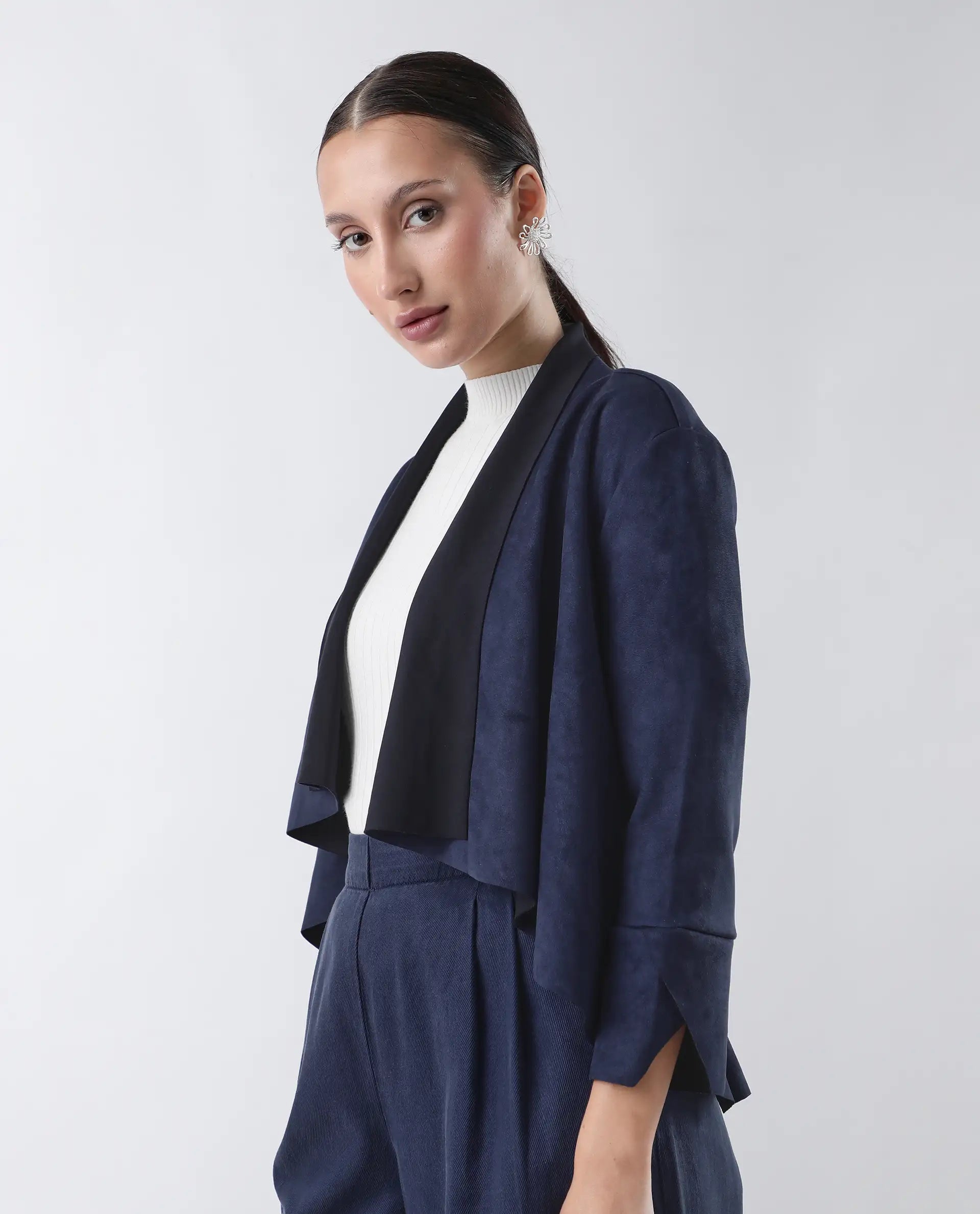 Rareism Women's Cinnamon Navy Polyester Cowl Neck Plain Relaxed Fit Jacket