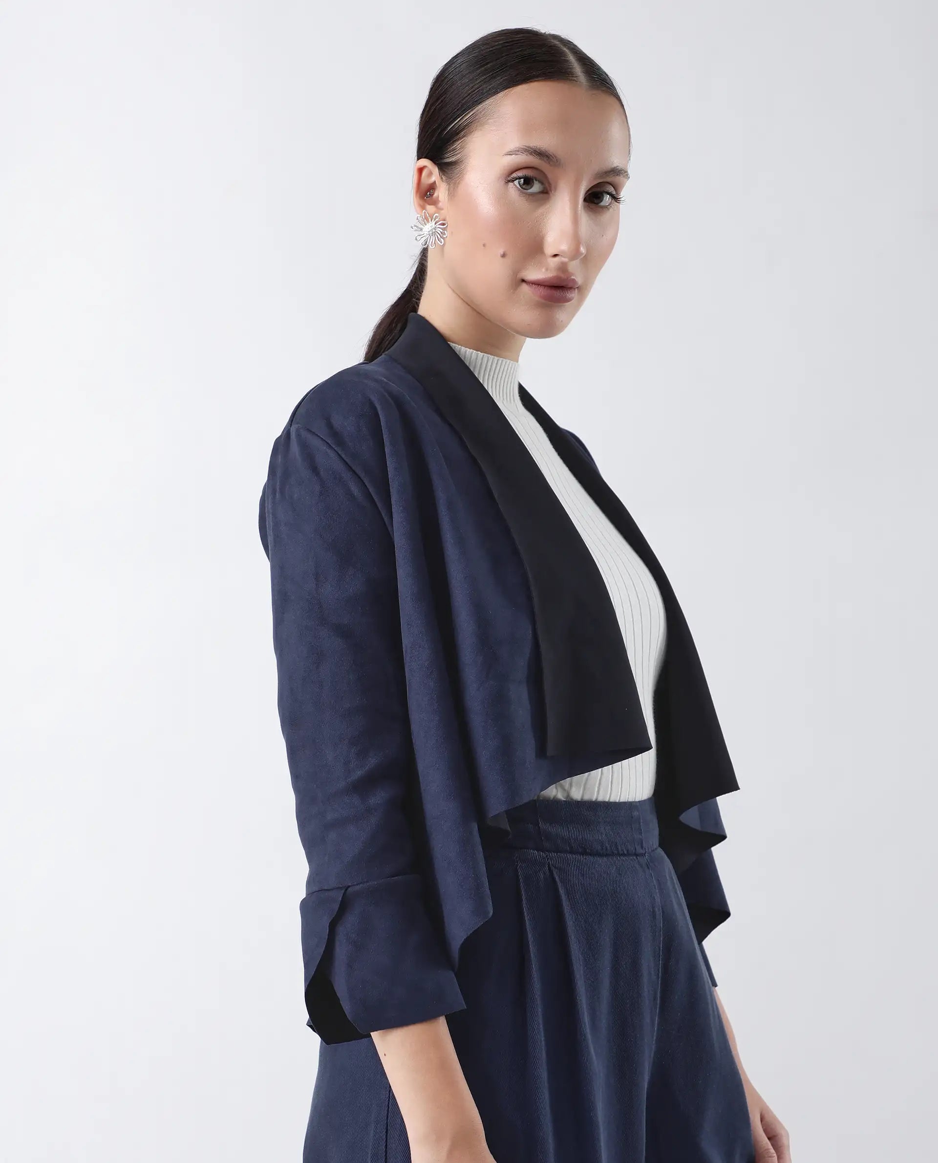 Rareism Women's Cinnamon Navy Polyester Cowl Neck Plain Relaxed Fit Jacket