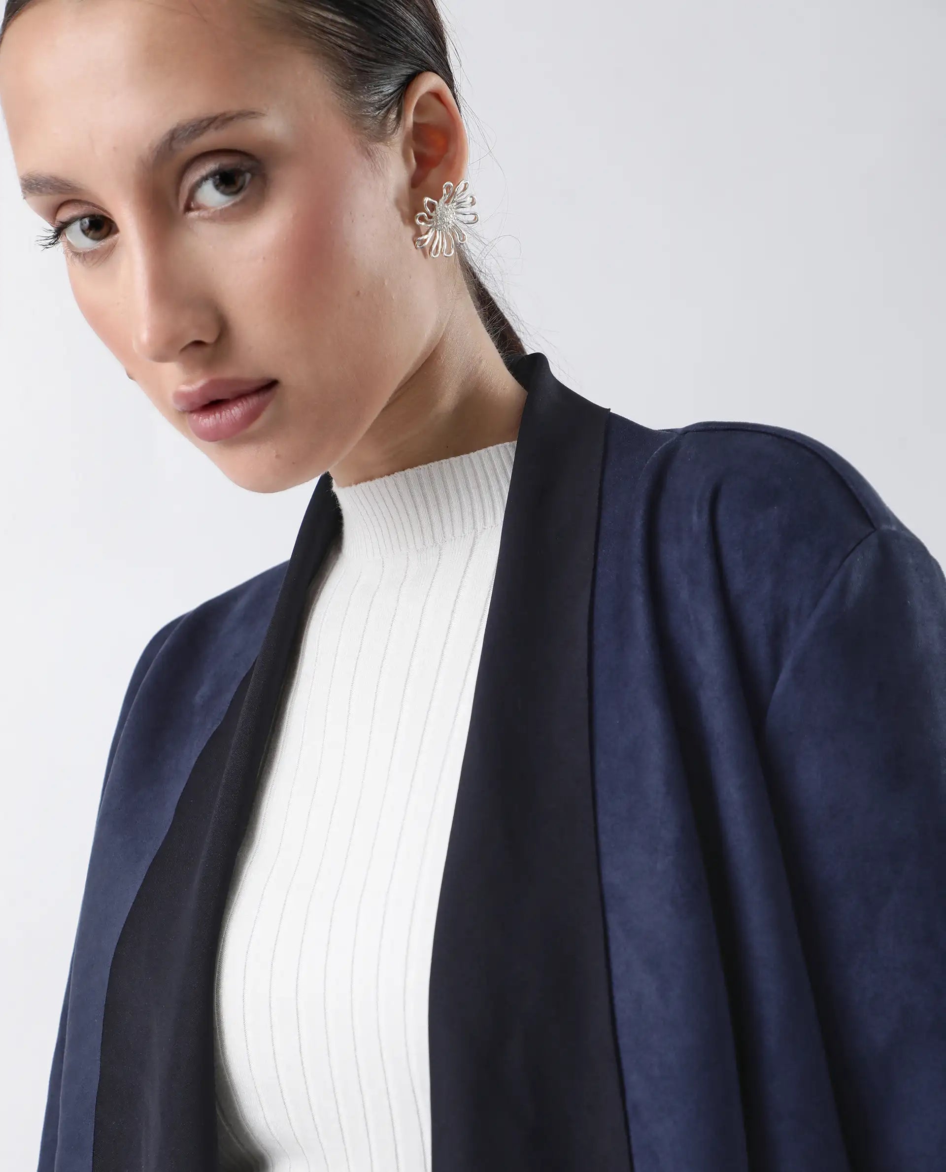 Rareism Women's Cinnamon Navy Polyester Cowl Neck Plain Relaxed Fit Jacket