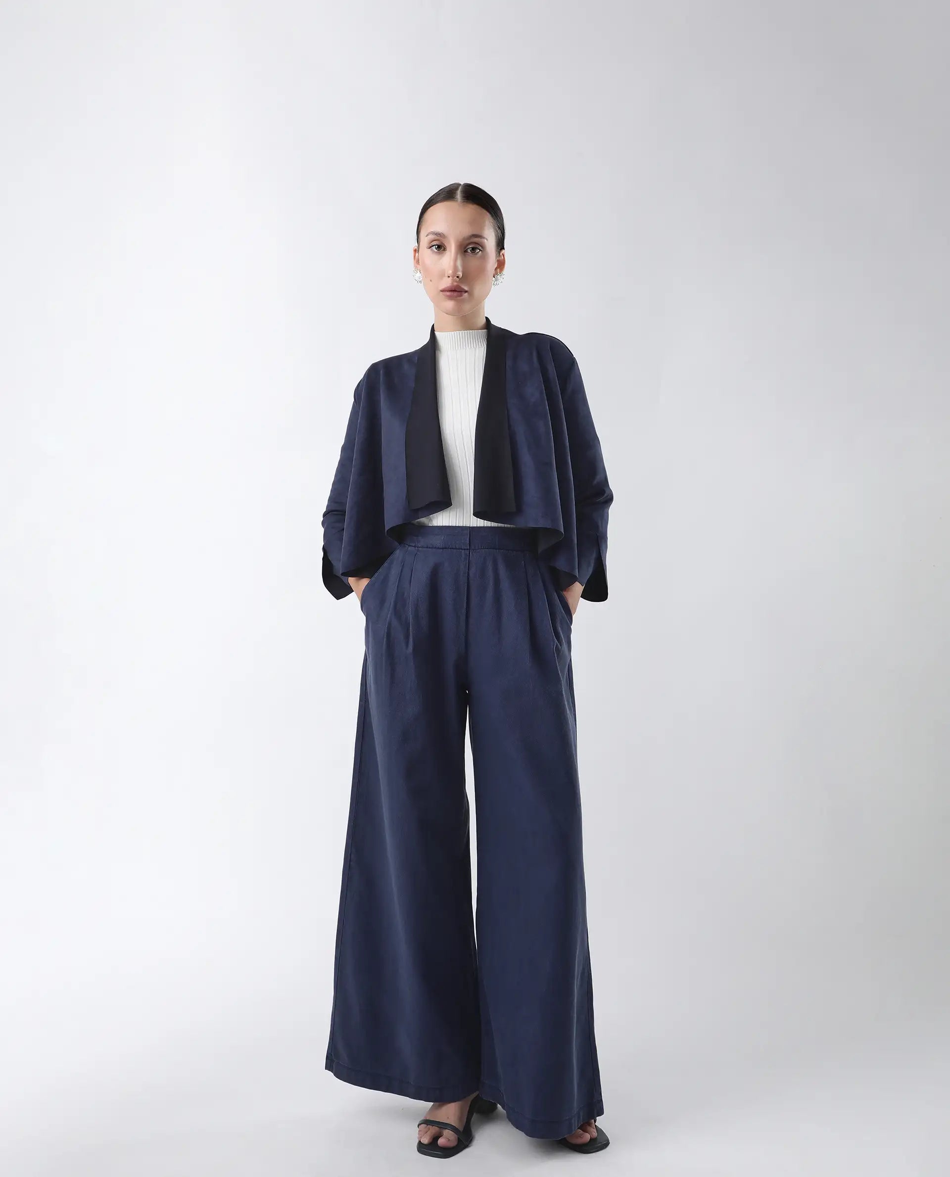 Rareism Women's Cinnamon Navy Polyester Cowl Neck Plain Relaxed Fit Jacket