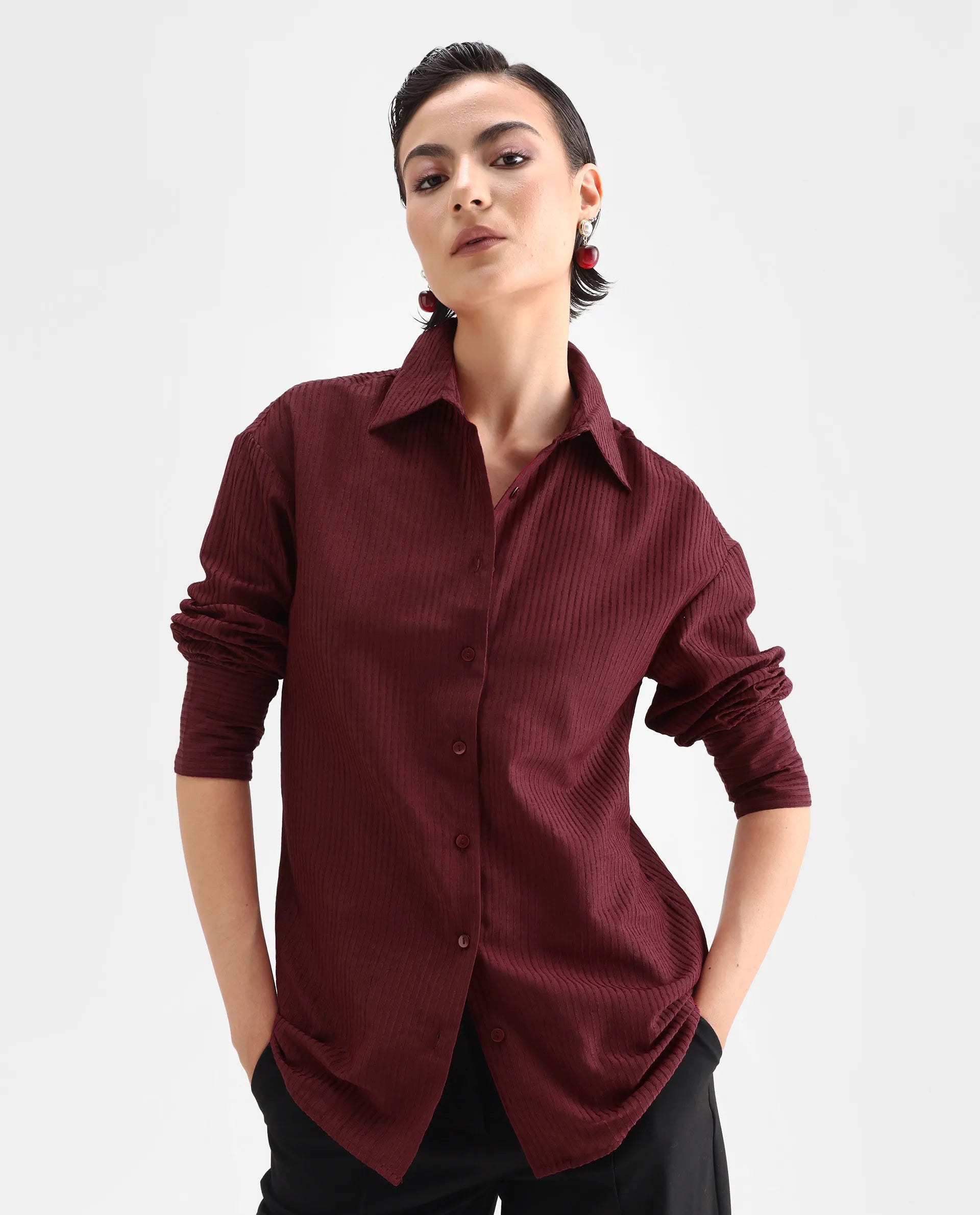 Rareism Women's Cinthia Brown Polyester Spread Collar Plain Cuffed Sleeve Regular Fit Shirt