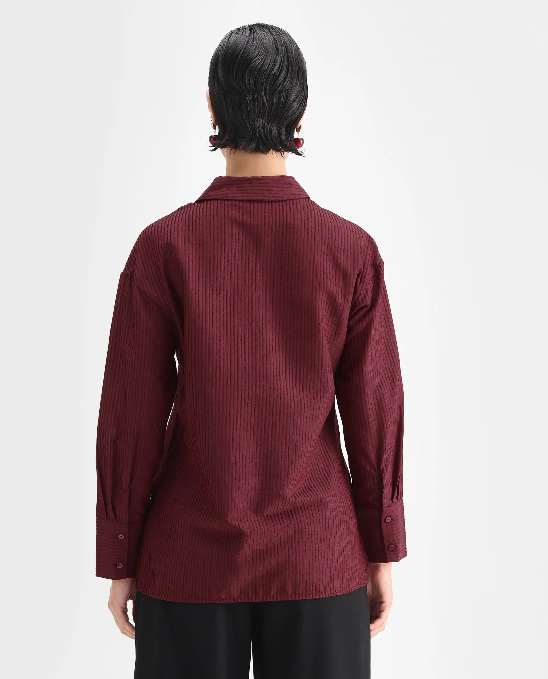 Rareism Women's Cinthia Brown Polyester Spread Collar Plain Cuffed Sleeve Regular Fit Shirt