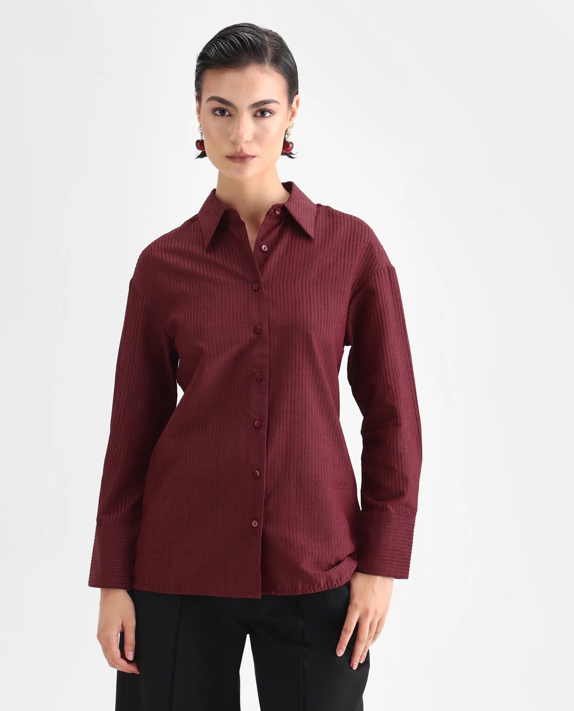 Rareism Women's Cinthia Brown Polyester Spread Collar Plain Cuffed Sleeve Regular Fit Shirt