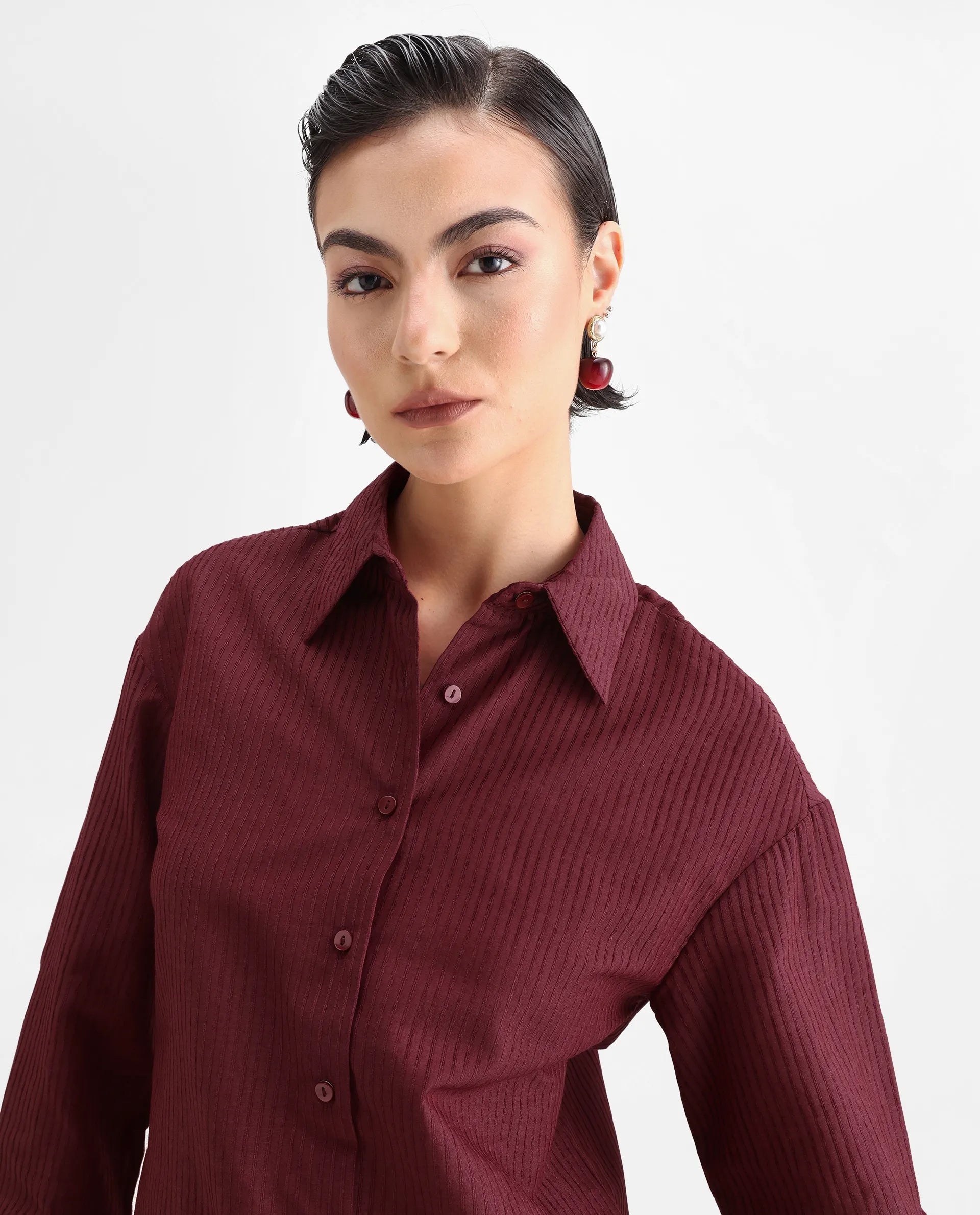 Rareism Women's Cinthia Brown Polyester Spread Collar Plain Cuffed Sleeve Regular Fit Shirt