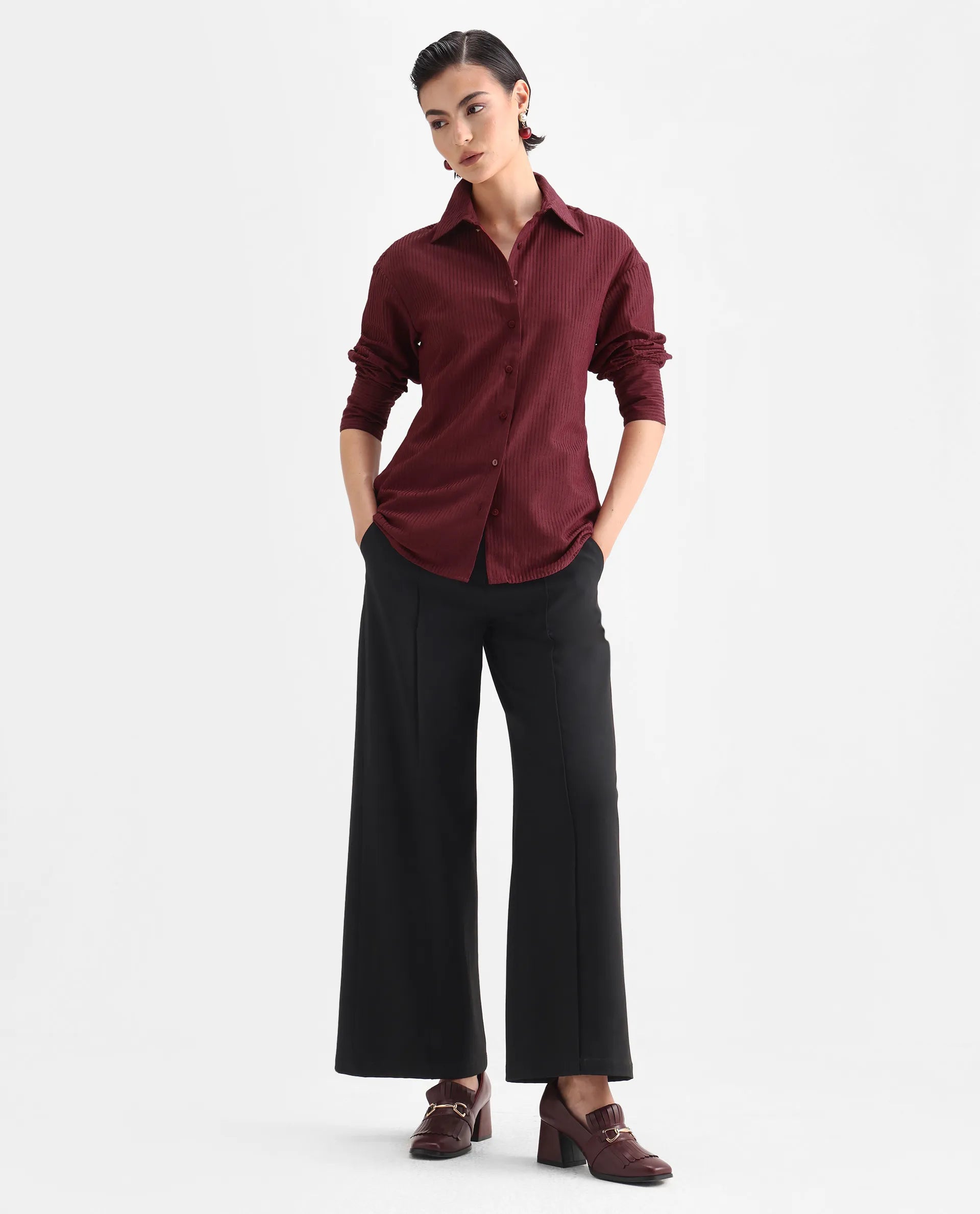 Rareism Women's Cinthia Brown Polyester Spread Collar Plain Cuffed Sleeve Regular Fit Shirt