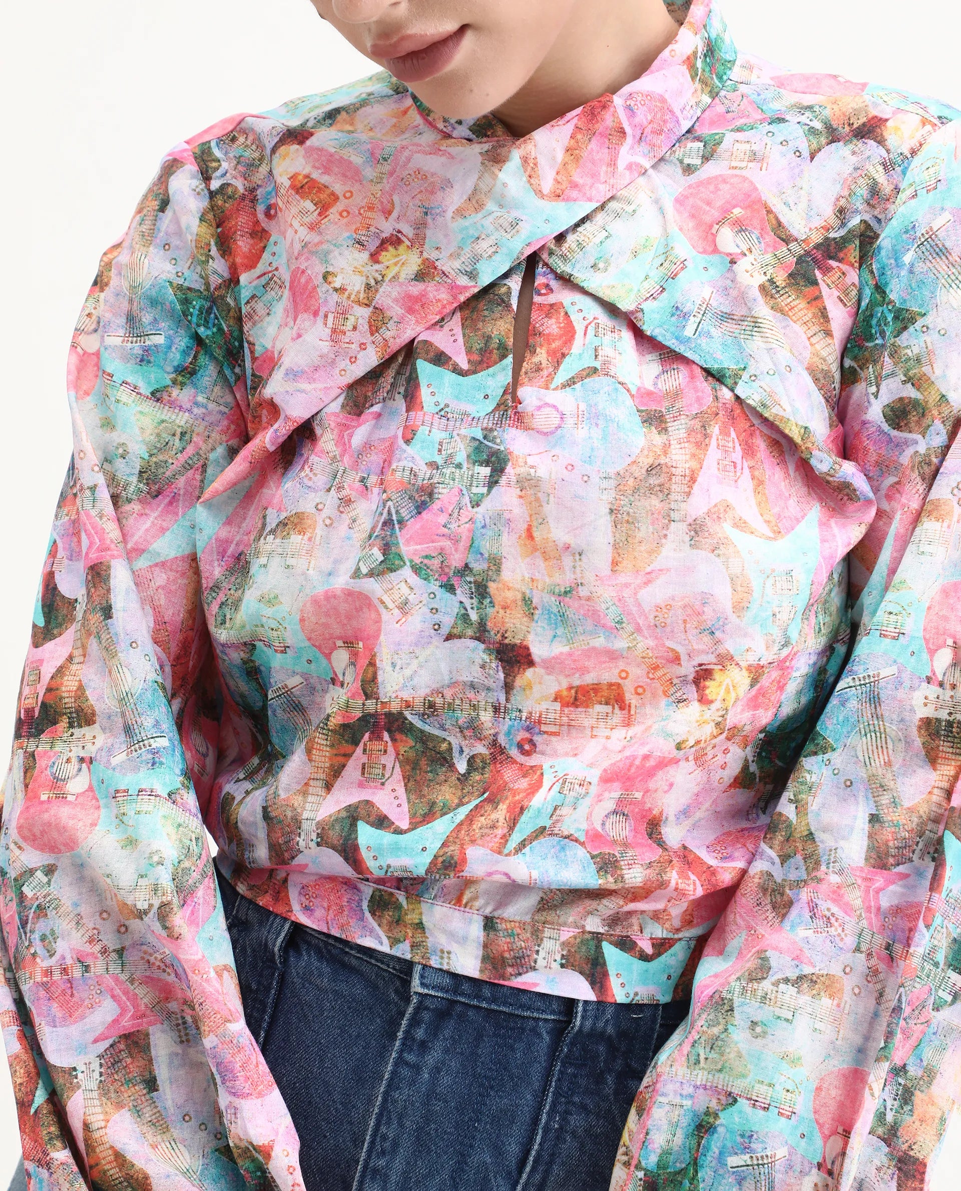 Rareism Women's Cioz Light Multi Cotton High Neck Abstract Print Bishop Sleeve Crop Regular Fit Top