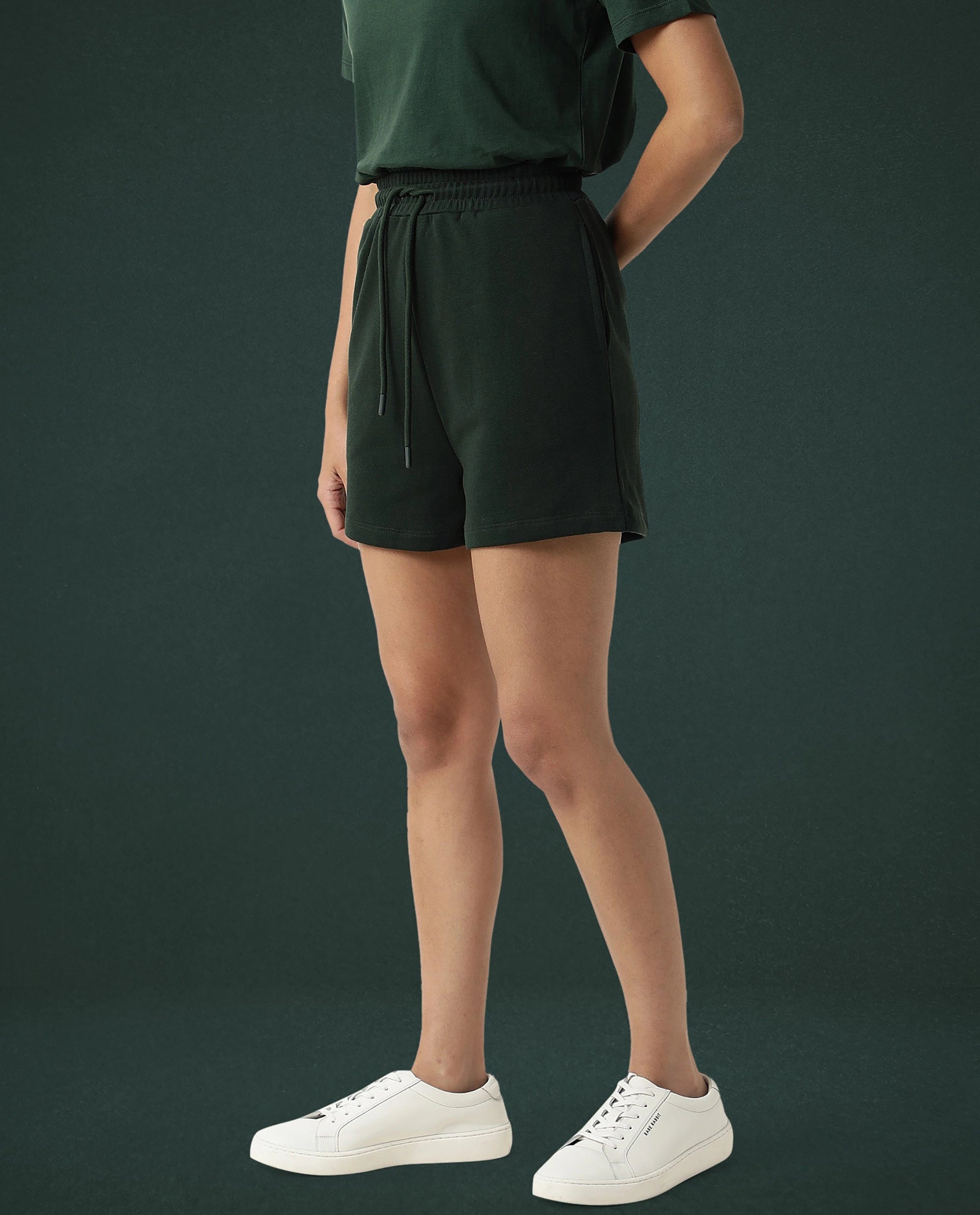 Rareism Women Ciri Dark Green Cotton Poly Fabric Relaxed Fit Solid Mid Rise Shorts