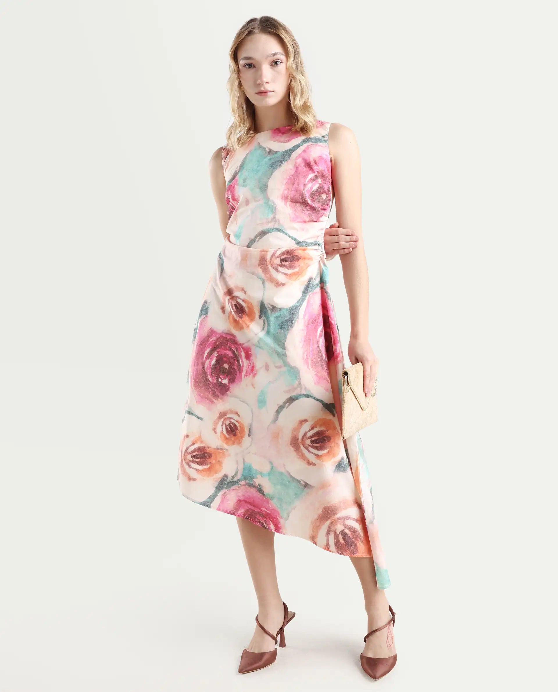 Rareism Women's Cirina Multi Boat Neck A-Line Printed Midi Dress