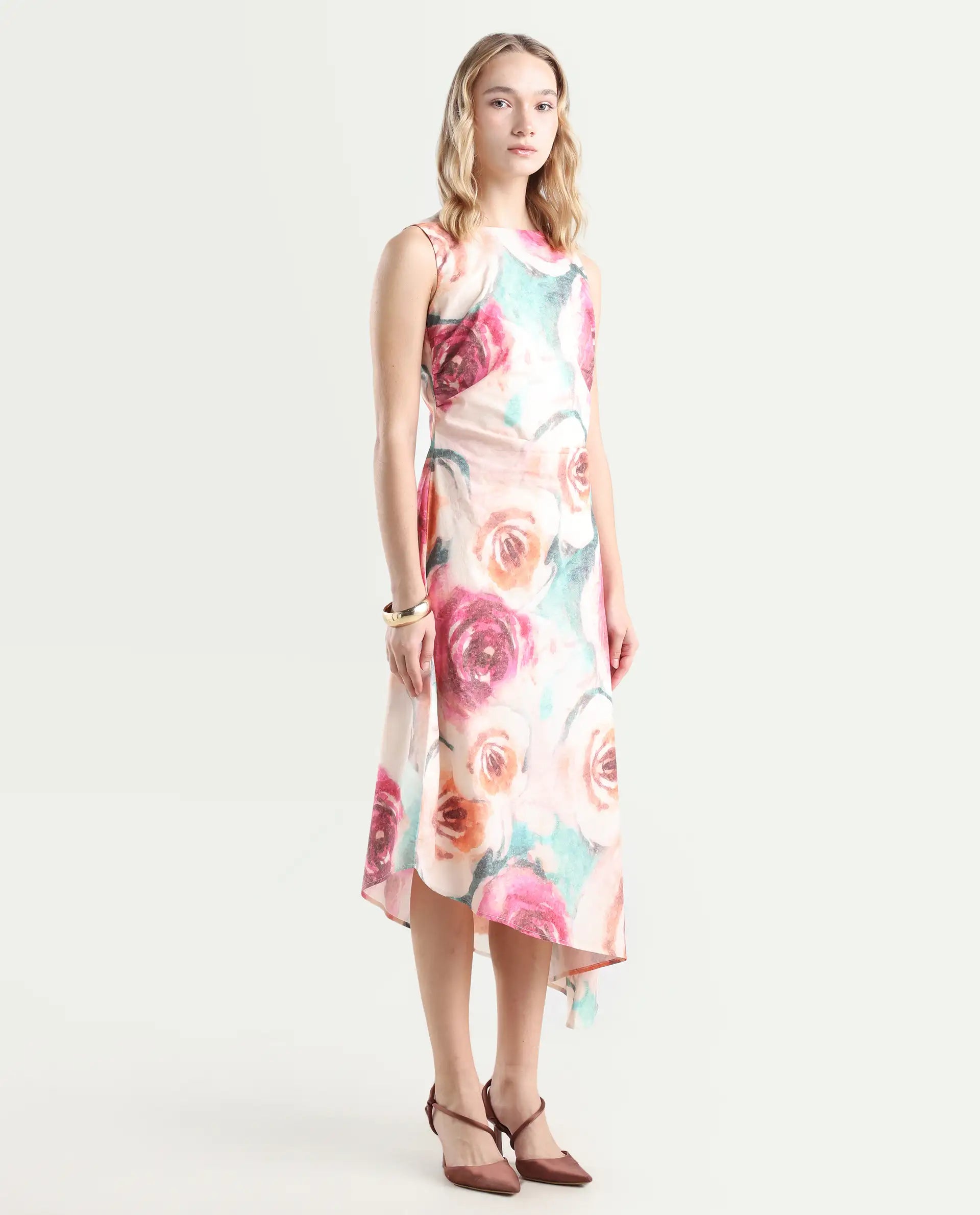 Rareism Women's Cirina Multi Boat Neck A-Line Printed Midi Dress