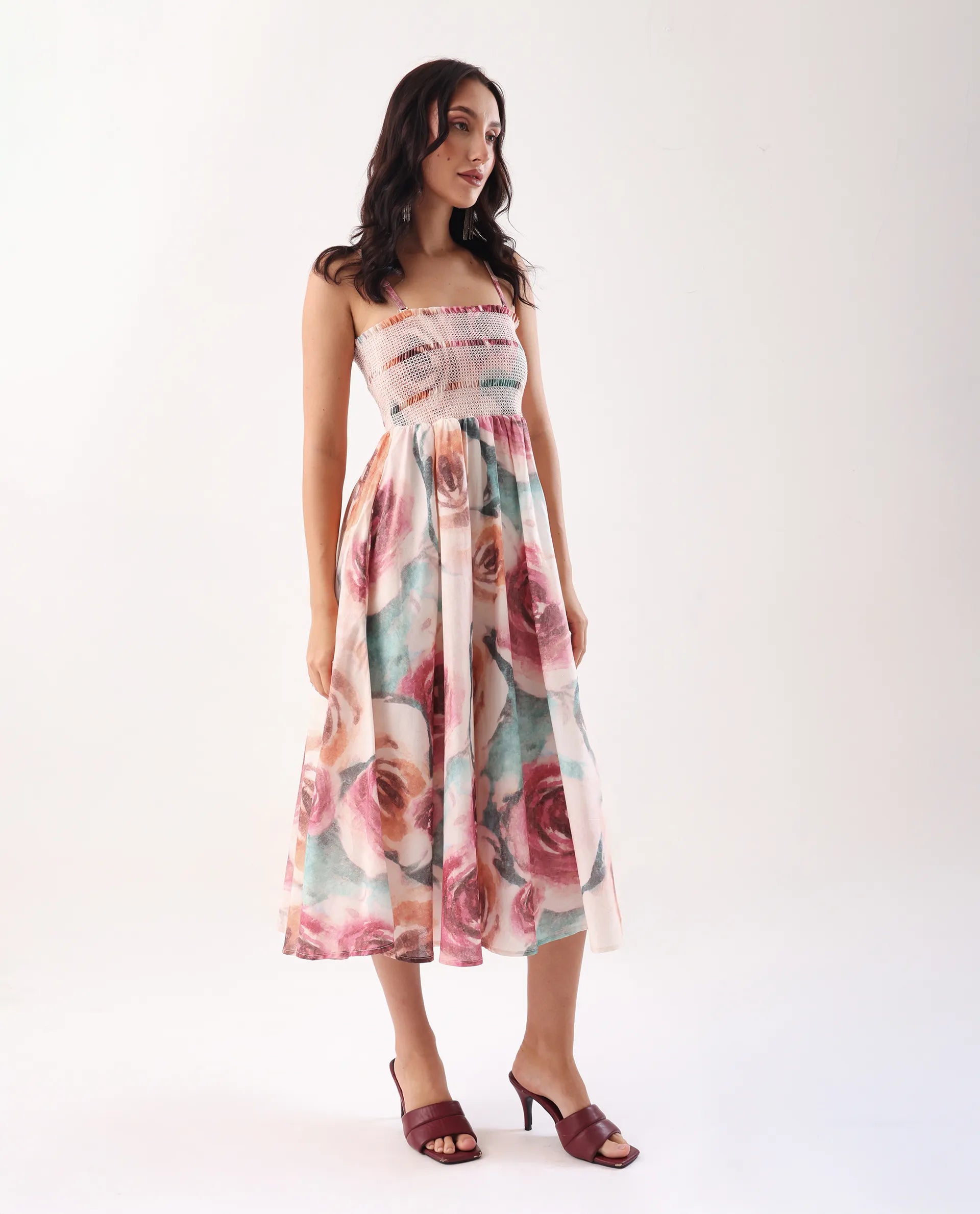 Rareism Women's Cirius Multi Tube Neck Fit And Flare Printed Midi Dress