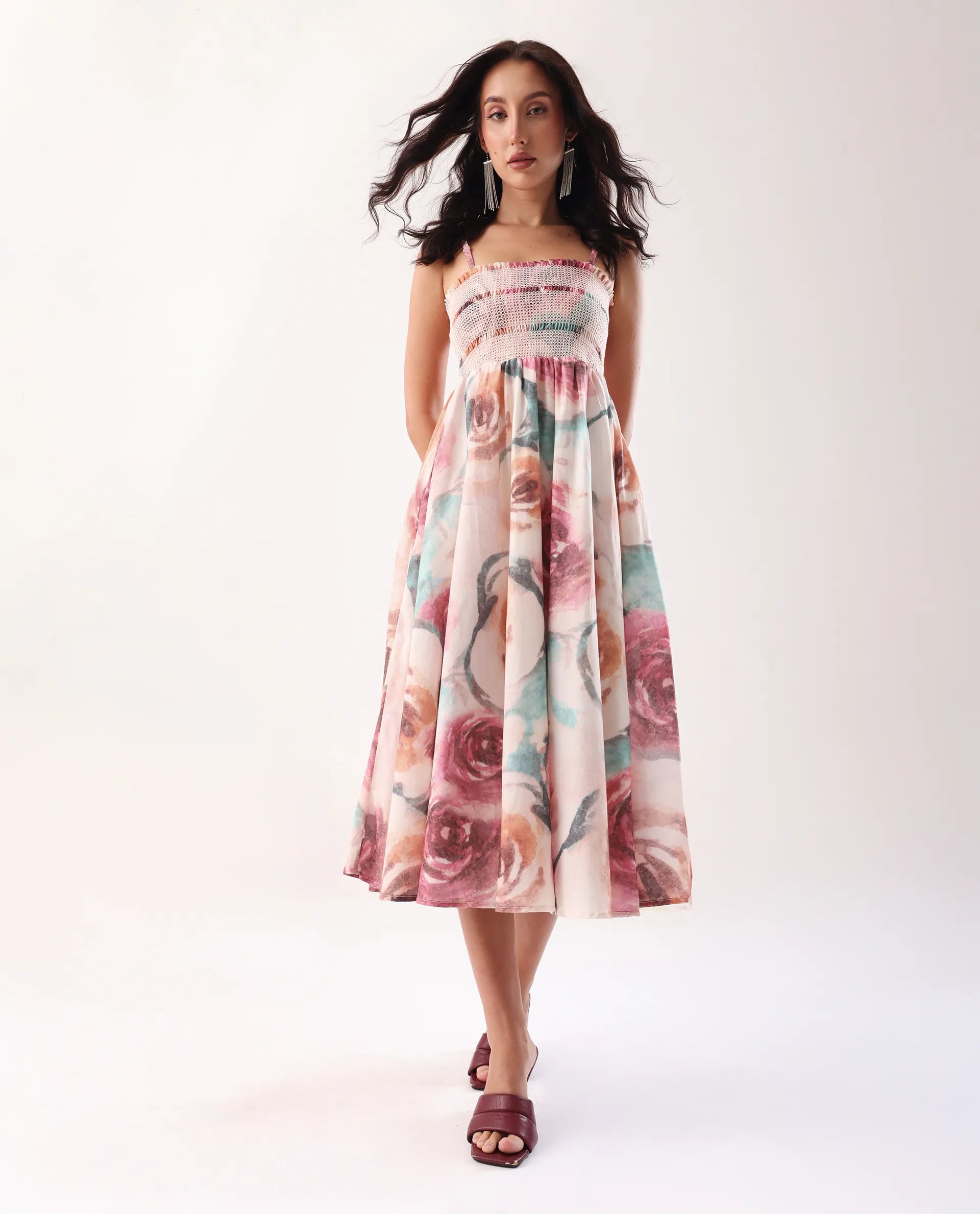 Rareism Women's Cirius Multi Tube Neck Fit And Flare Printed Midi Dress