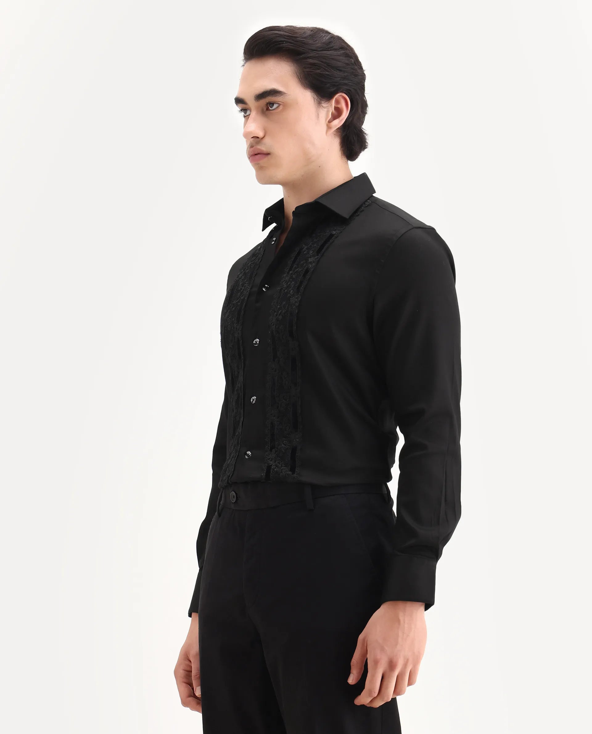 Rare Rabbit Men's Ciro Black Cotton Embroidered Regular Fit Full Sleeve Collared Shirt