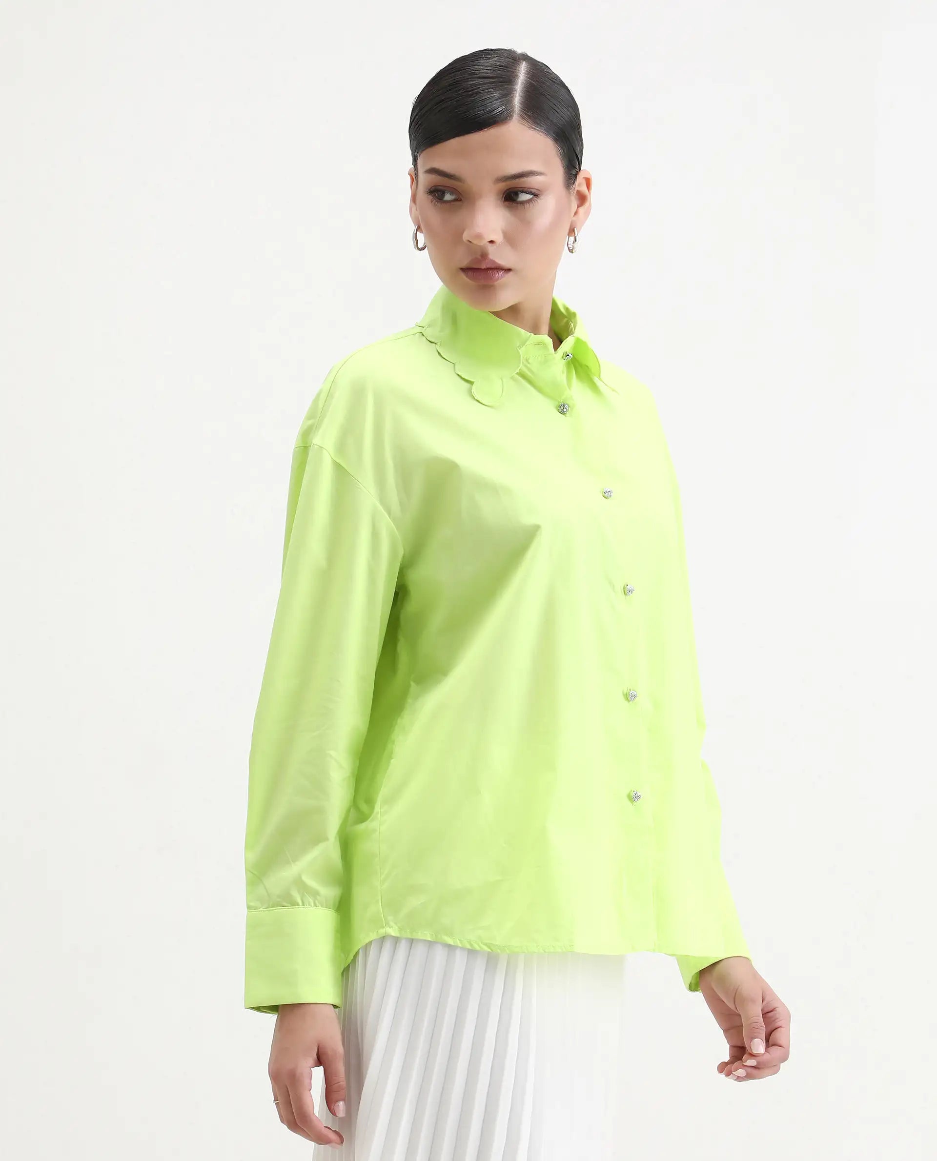 Rareism Women's Citta Flouroscent Green Cotton Drop Collar Plain Cuffed Sleeve Regular Fit Shirt