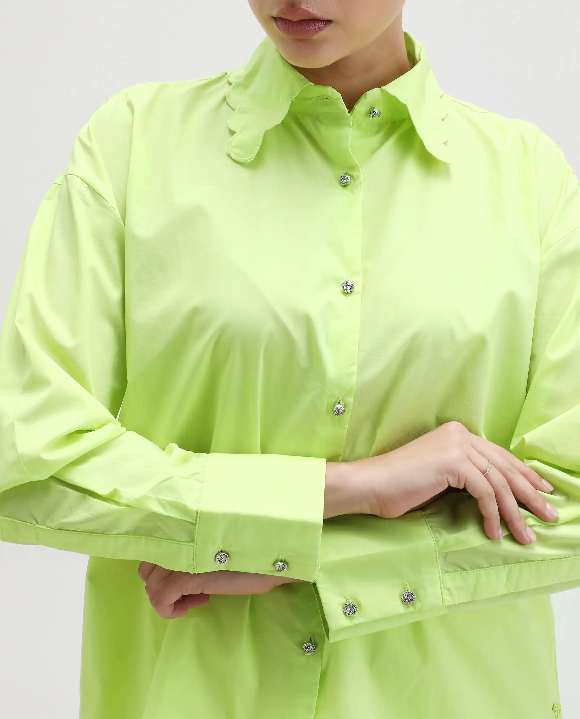 Rareism Women's Citta Flouroscent Green Cotton Drop Collar Plain Cuffed Sleeve Regular Fit Shirt
