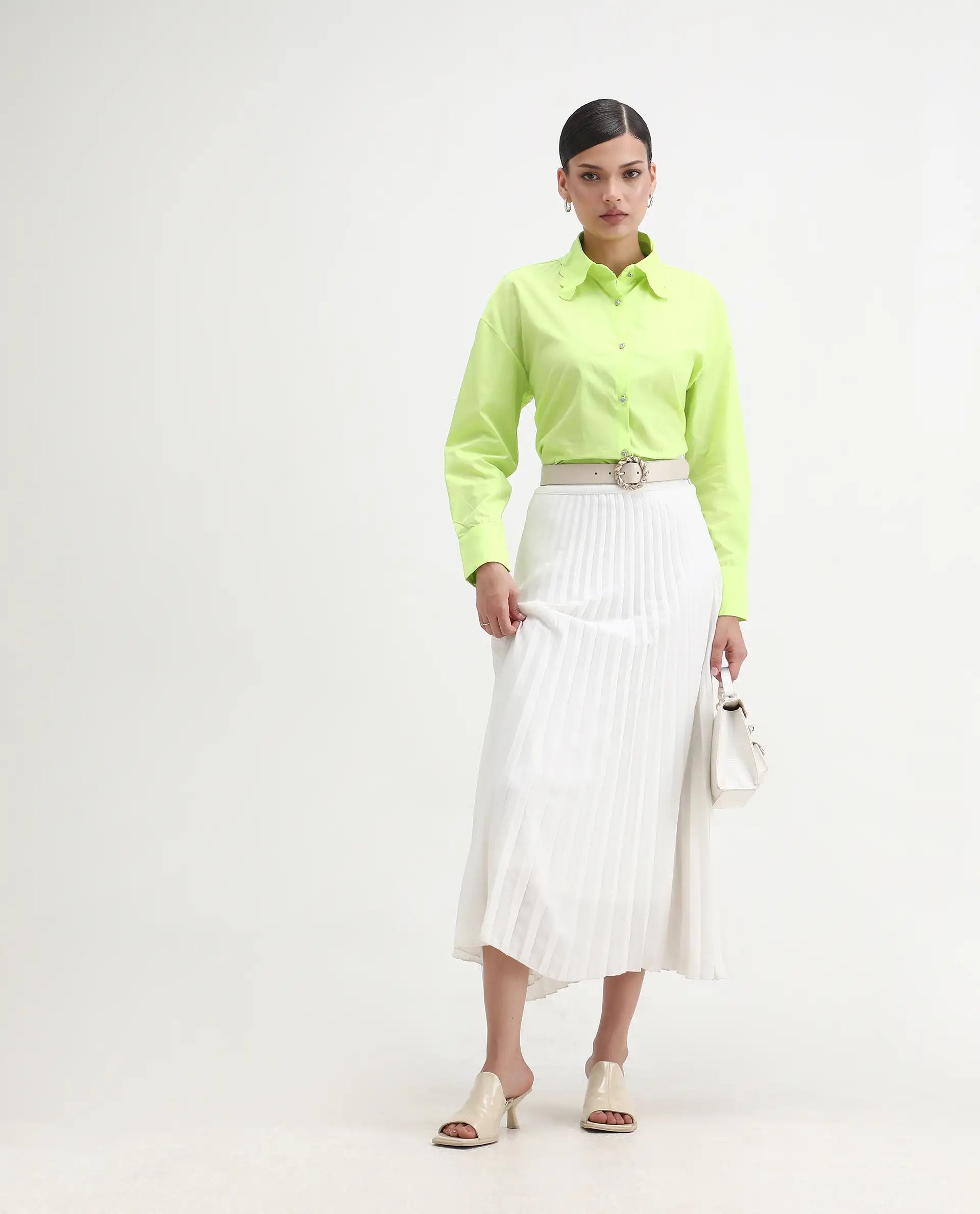 Rareism Women's Citta Flouroscent Green Cotton Drop Collar Plain Cuffed Sleeve Regular Fit Shirt