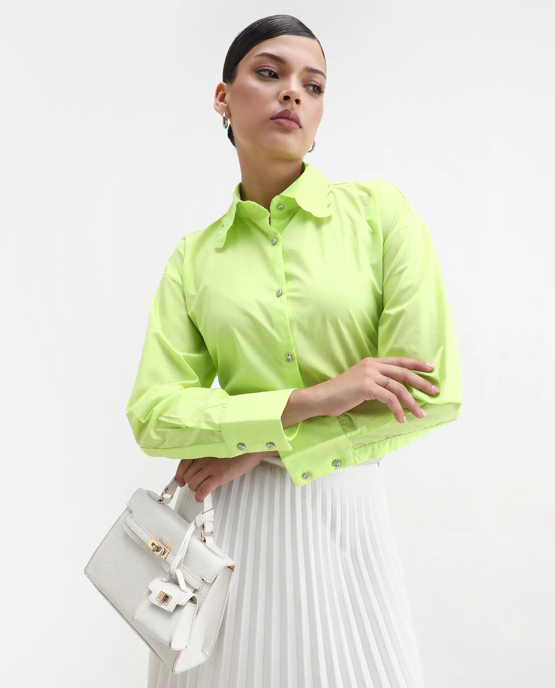 Rareism Women's Citta Flouroscent Green Cotton Drop Collar Plain Cuffed Sleeve Regular Fit Shirt