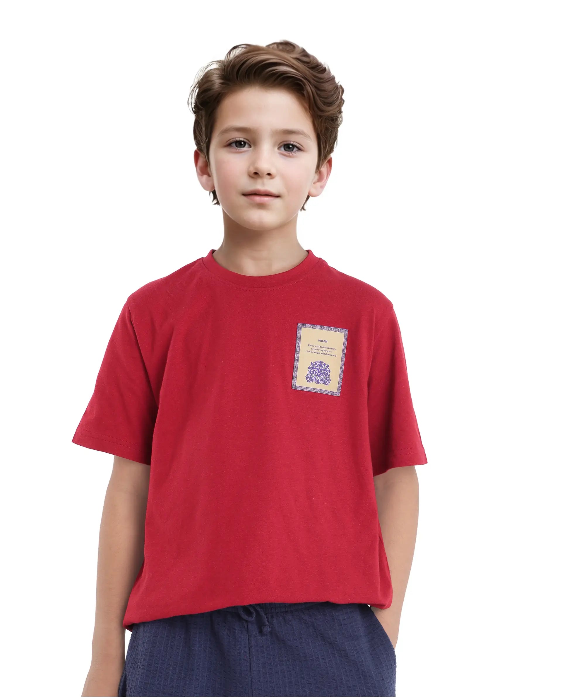 Rare Ones Kids Citz Dark Red Cotton Short Sleeve Crew Neck Applique Details Solid Ribbed T-Shirt