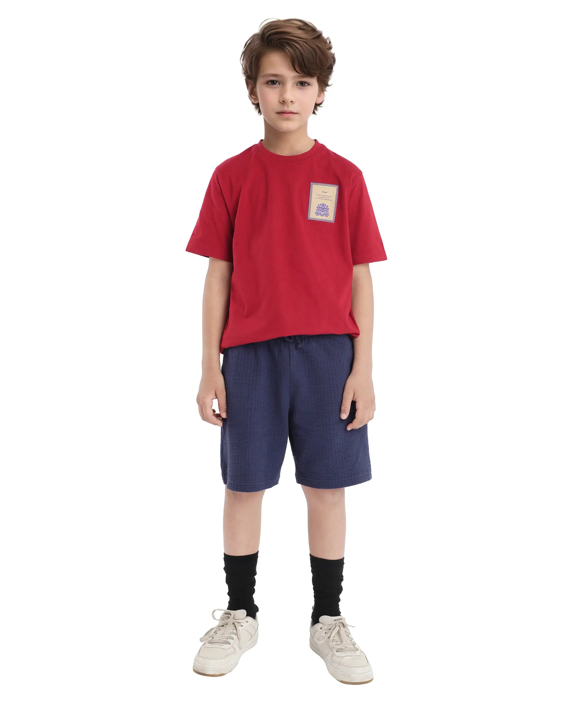Rare Ones Kids Citz Dark Red Cotton Short Sleeve Crew Neck Applique Details Solid Ribbed T-Shirt