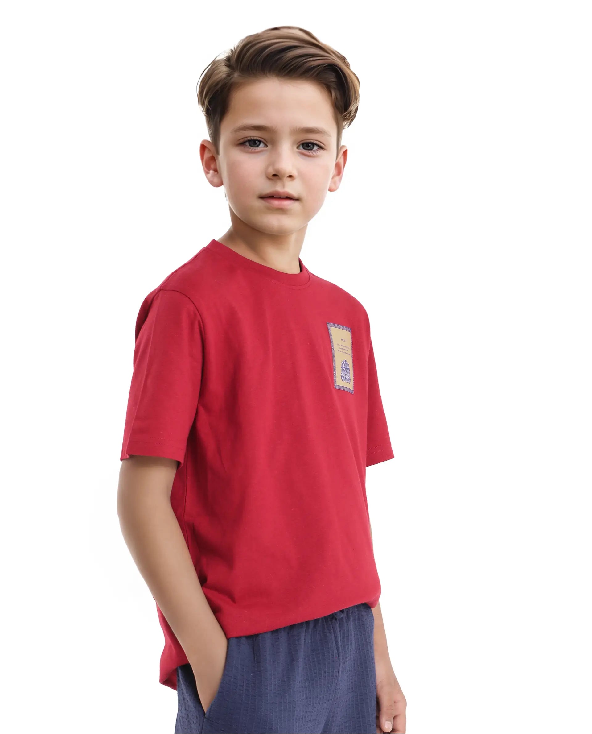Rare Ones Kids Citz Dark Red Cotton Short Sleeve Crew Neck Applique Details Solid Ribbed T-Shirt