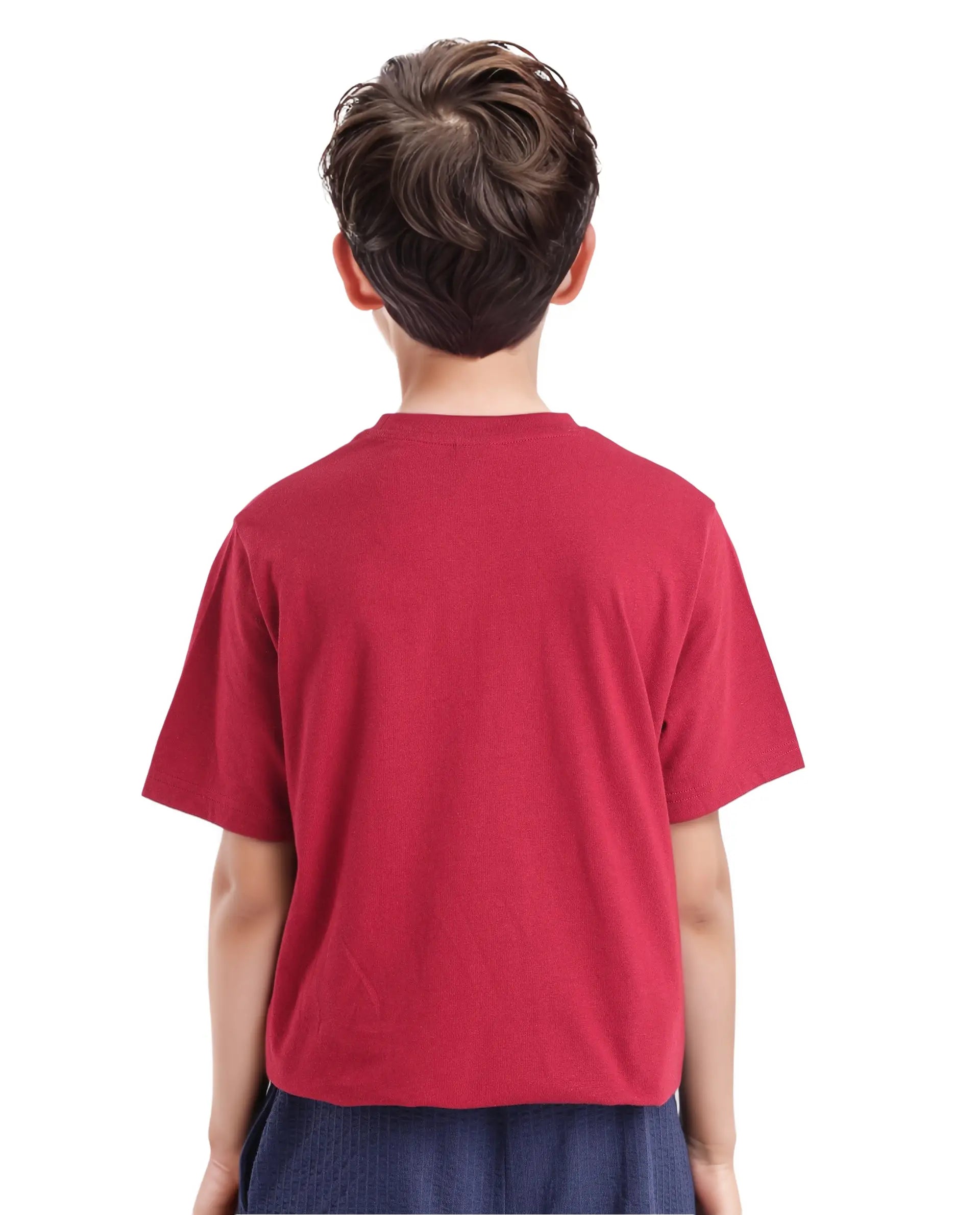 Rare Ones Kids Citz Dark Red Cotton Short Sleeve Crew Neck Applique Details Solid Ribbed T-Shirt