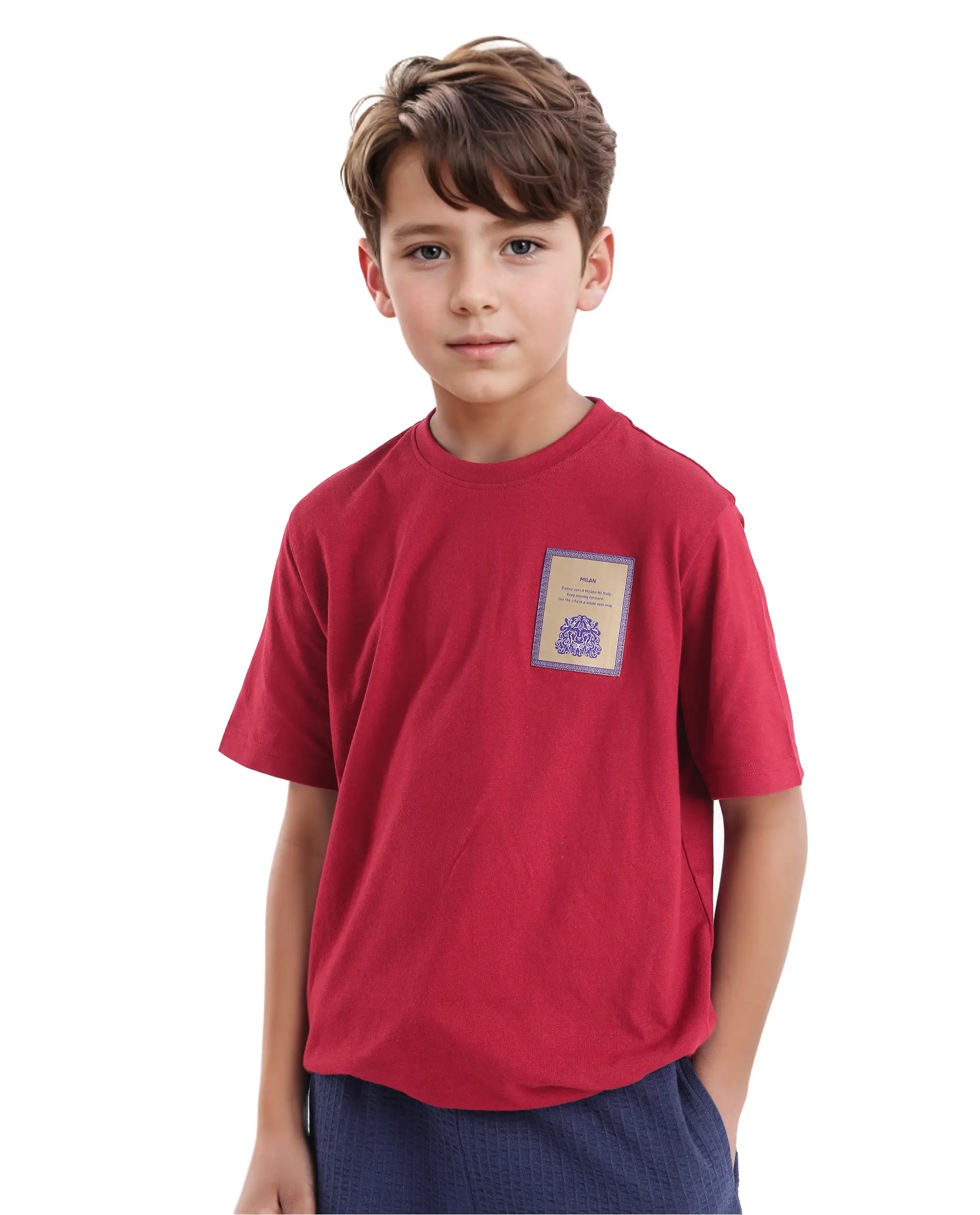 Rare Ones Kids Citz Dark Red Cotton Short Sleeve Crew Neck Applique Details Solid Ribbed T-Shirt