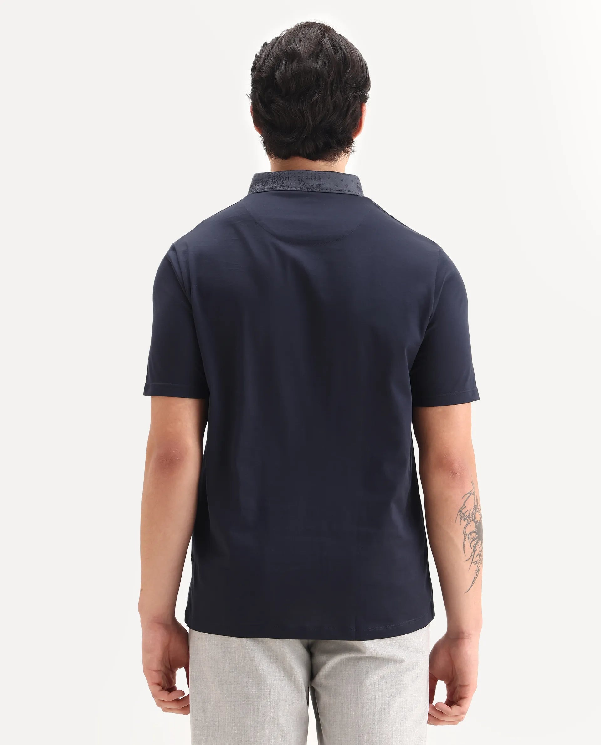 Rare Rabbit Men's Clarance Dusky Navy Cotton Plain Regular Fit Half Sleeve Polo