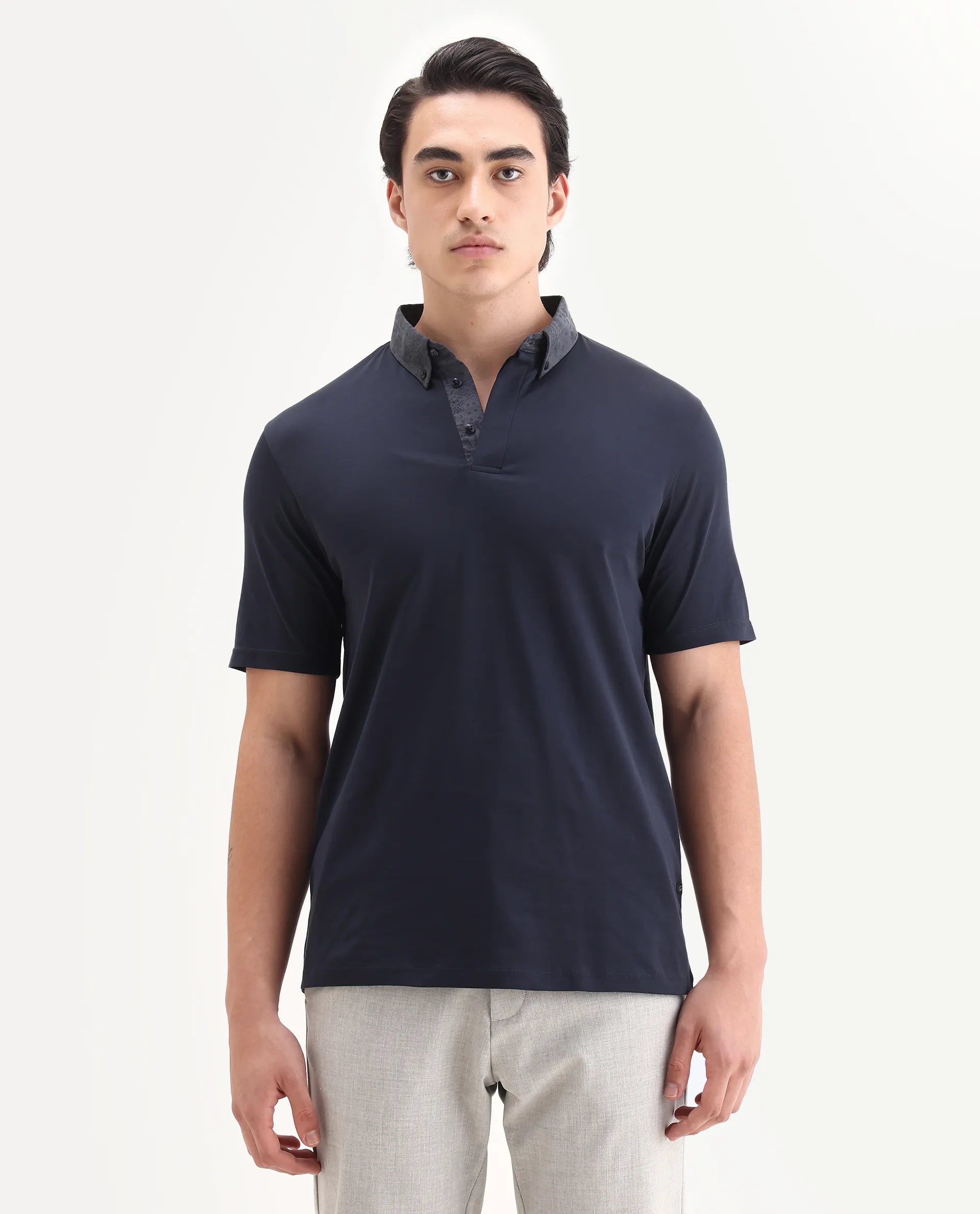 Rare Rabbit Men's Clarance Dusky Navy Cotton Plain Regular Fit Half Sleeve Polo