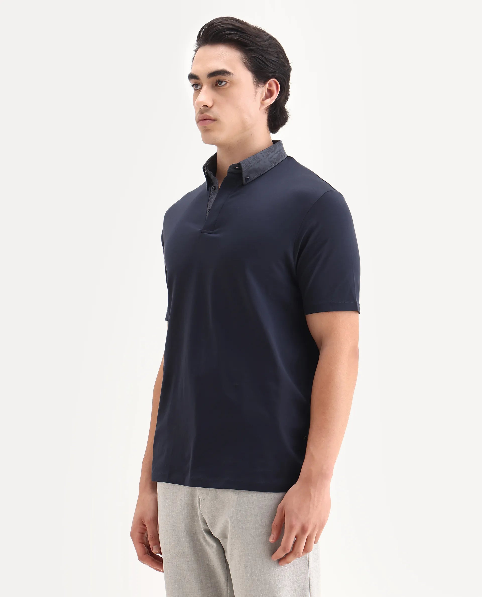 Rare Rabbit Men's Clarance Dusky Navy Cotton Plain Regular Fit Half Sleeve Polo