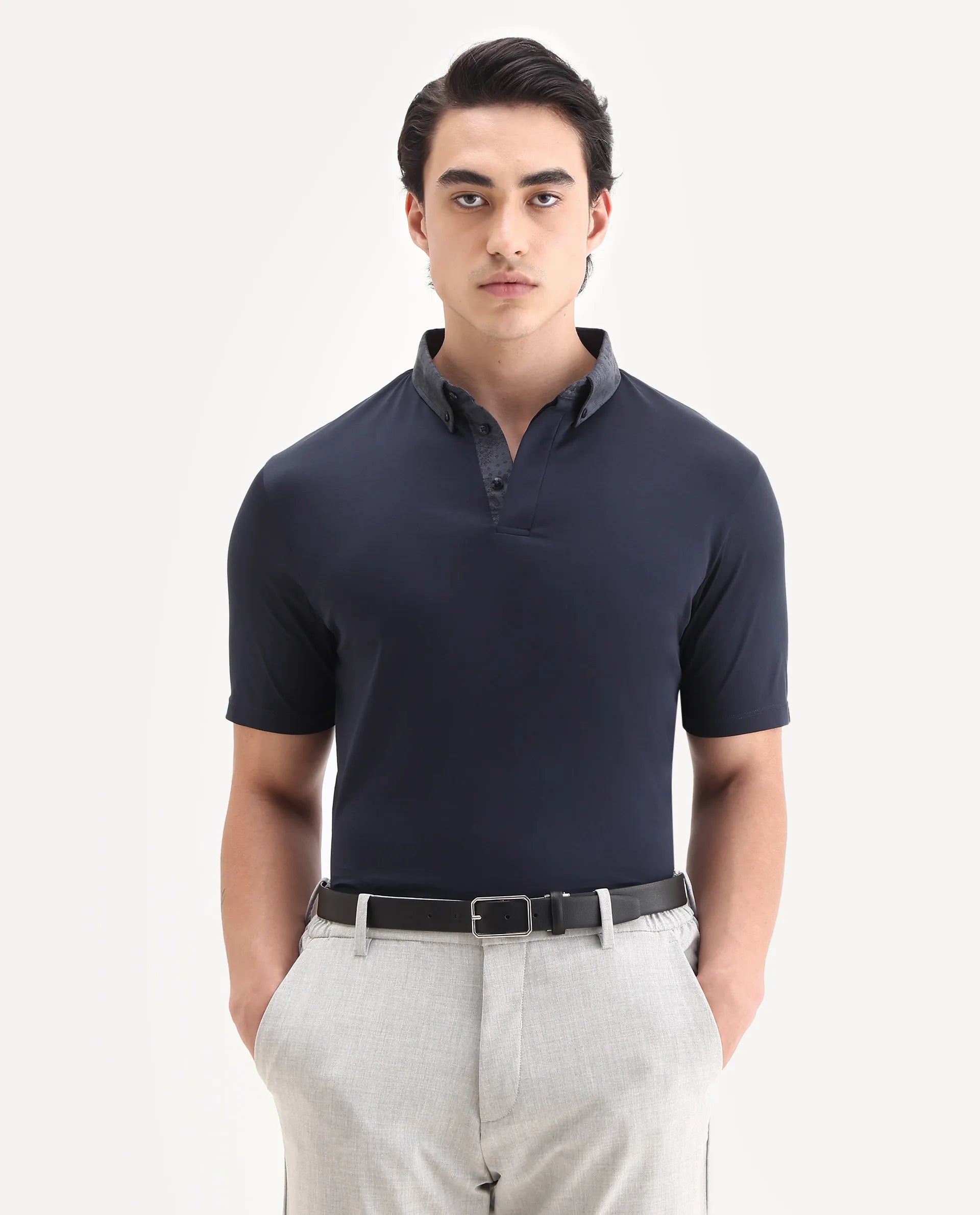 Rare Rabbit Men's Clarance Dusky Navy Cotton Plain Regular Fit Half Sleeve Polo