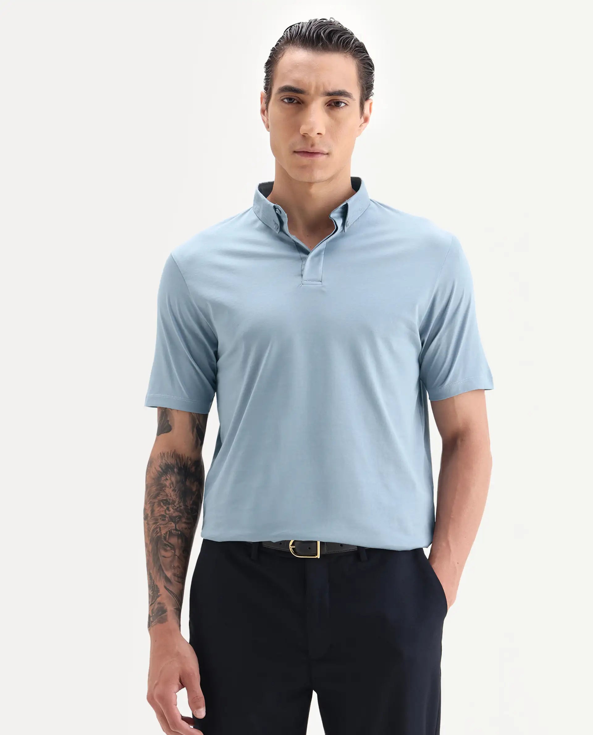 Rare Rabbit Men's Clarence-1 Dusky Blue Cotton Plain Regular Fit Half Sleeve Polo