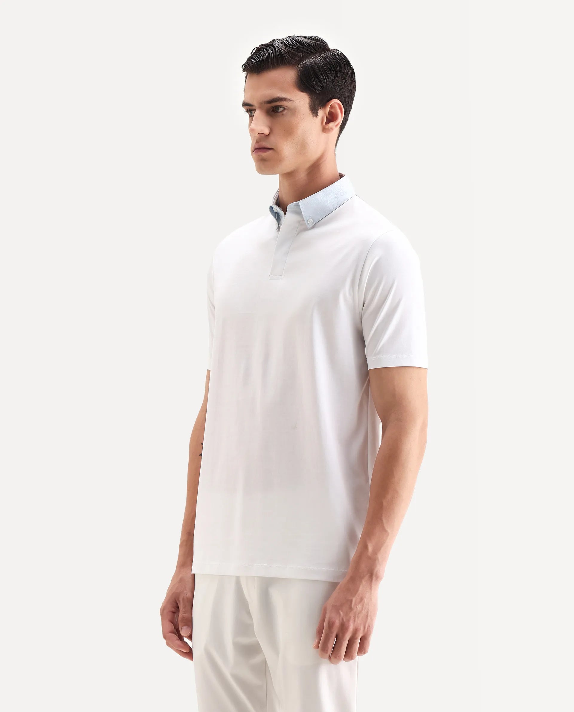 Rare Rabbit Men's Clarence-1 White Cotton Plain Regular Fit Half Sleeve Polo