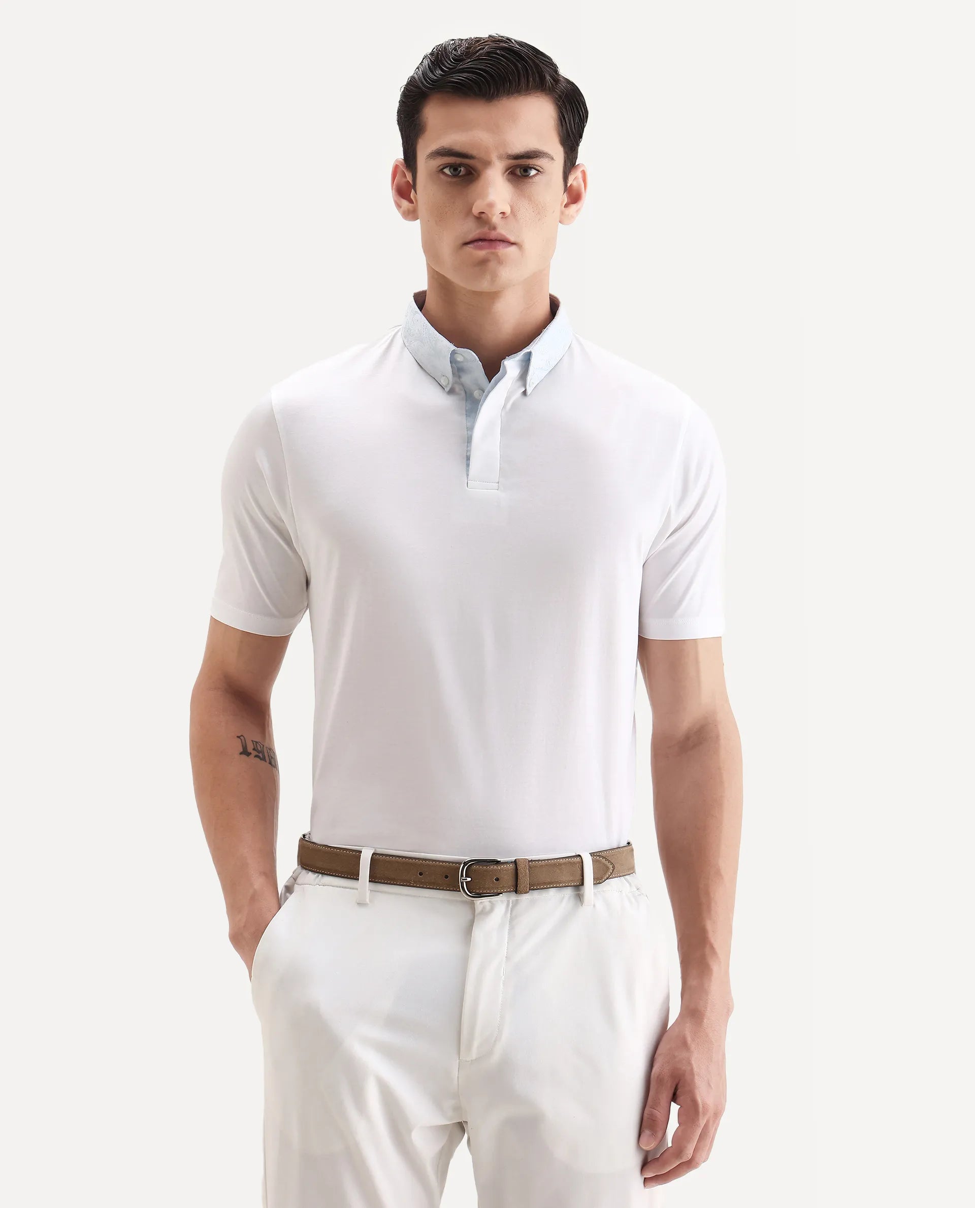 Rare Rabbit Men's Clarence-1 White Cotton Plain Regular Fit Half Sleeve Polo